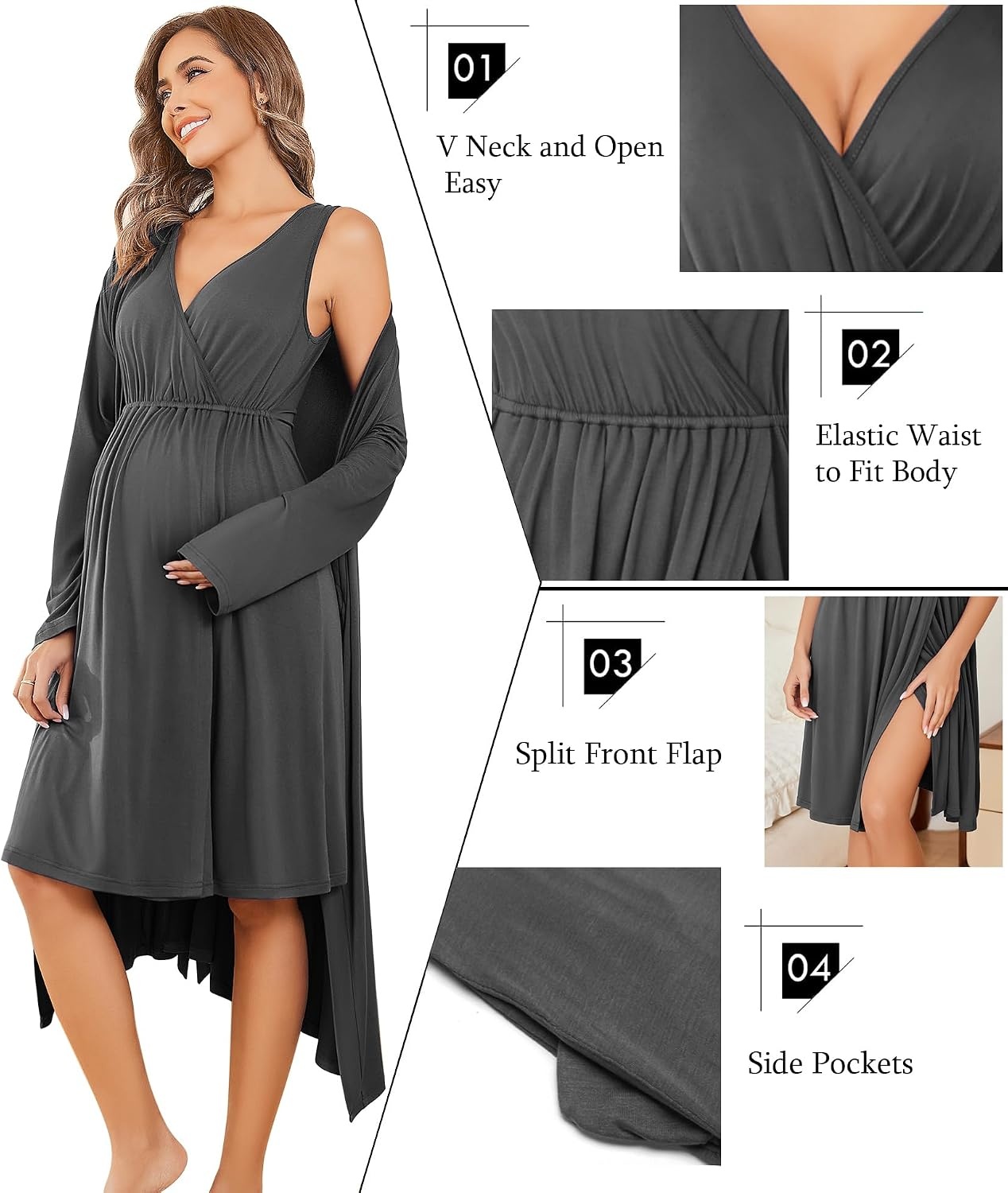 image:imageEkouaer Maternity Nursing Gown and Robe Set Labor Delivery Nightgowns Birthing Hospital Gowns Skinfriendly Postpartum Clothes Split Front Flap Elastic Waistline Perfect for Pregnant MommasDarkgrey
