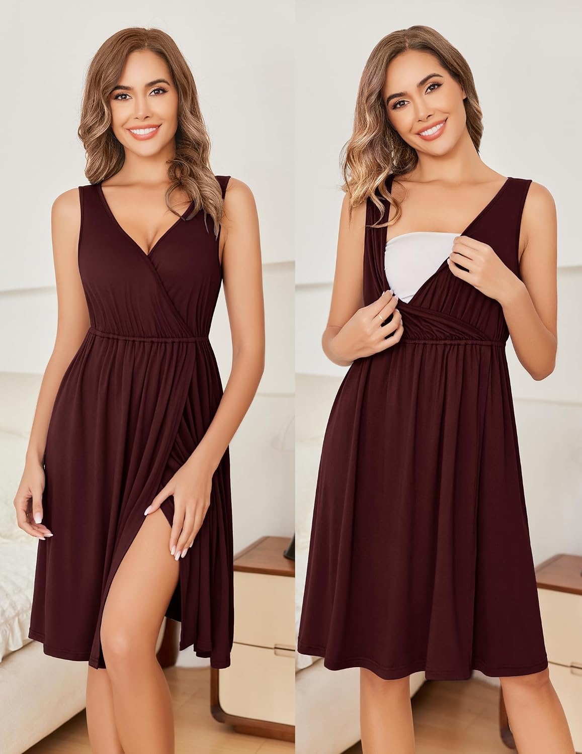 image:imageEkouaer Maternity Nursing Gown and Robe Set Labor Delivery Nightgowns Birthing Hospital Gowns Skinfriendly Postpartum Clothes Split Front Flap Elastic Waistline Perfect for Pregnant MommasMaroon