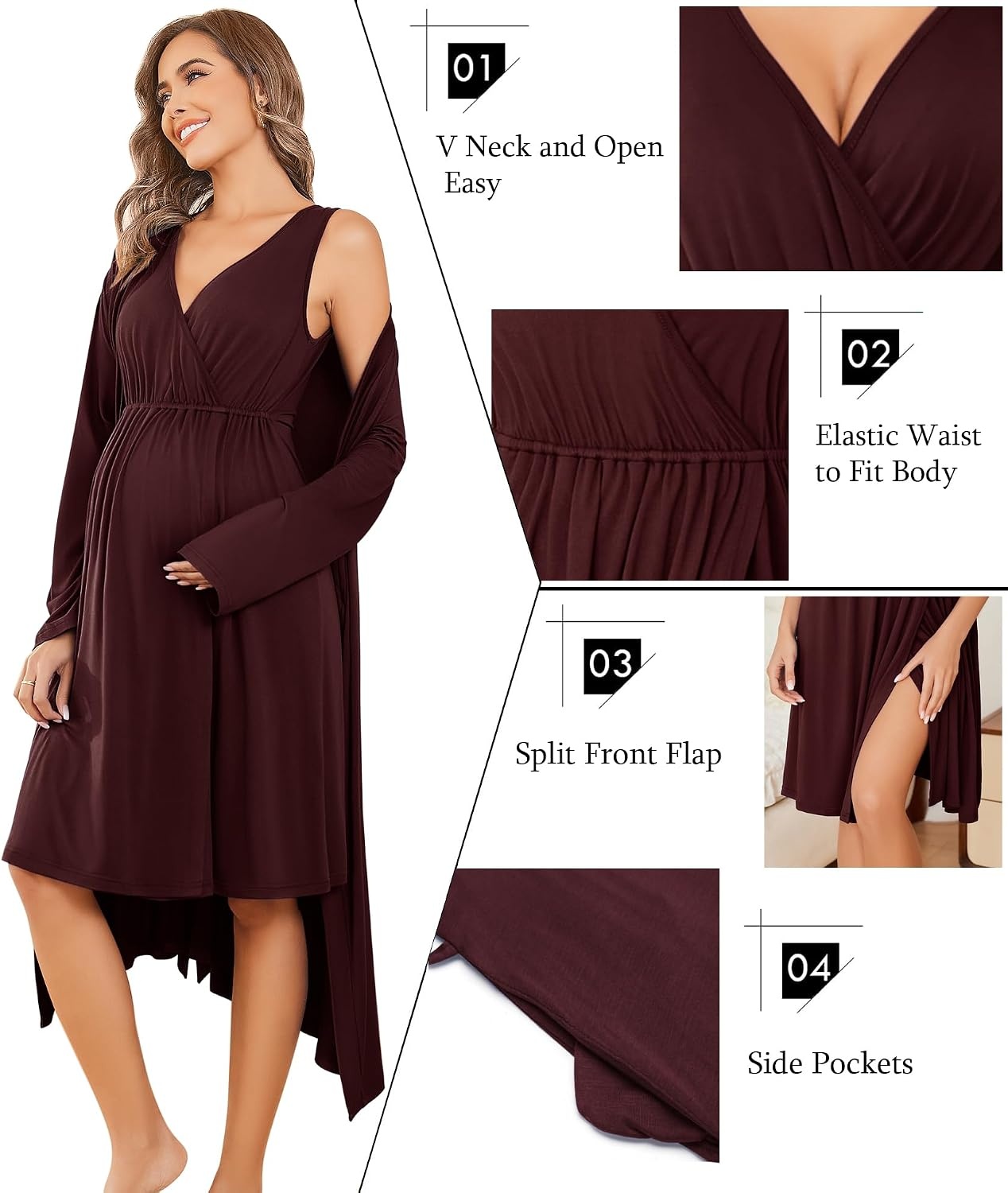 image:imageEkouaer Maternity Nursing Gown and Robe Set Labor Delivery Nightgowns Birthing Hospital Gowns Skinfriendly Postpartum Clothes Split Front Flap Elastic Waistline Perfect for Pregnant MommasMaroon