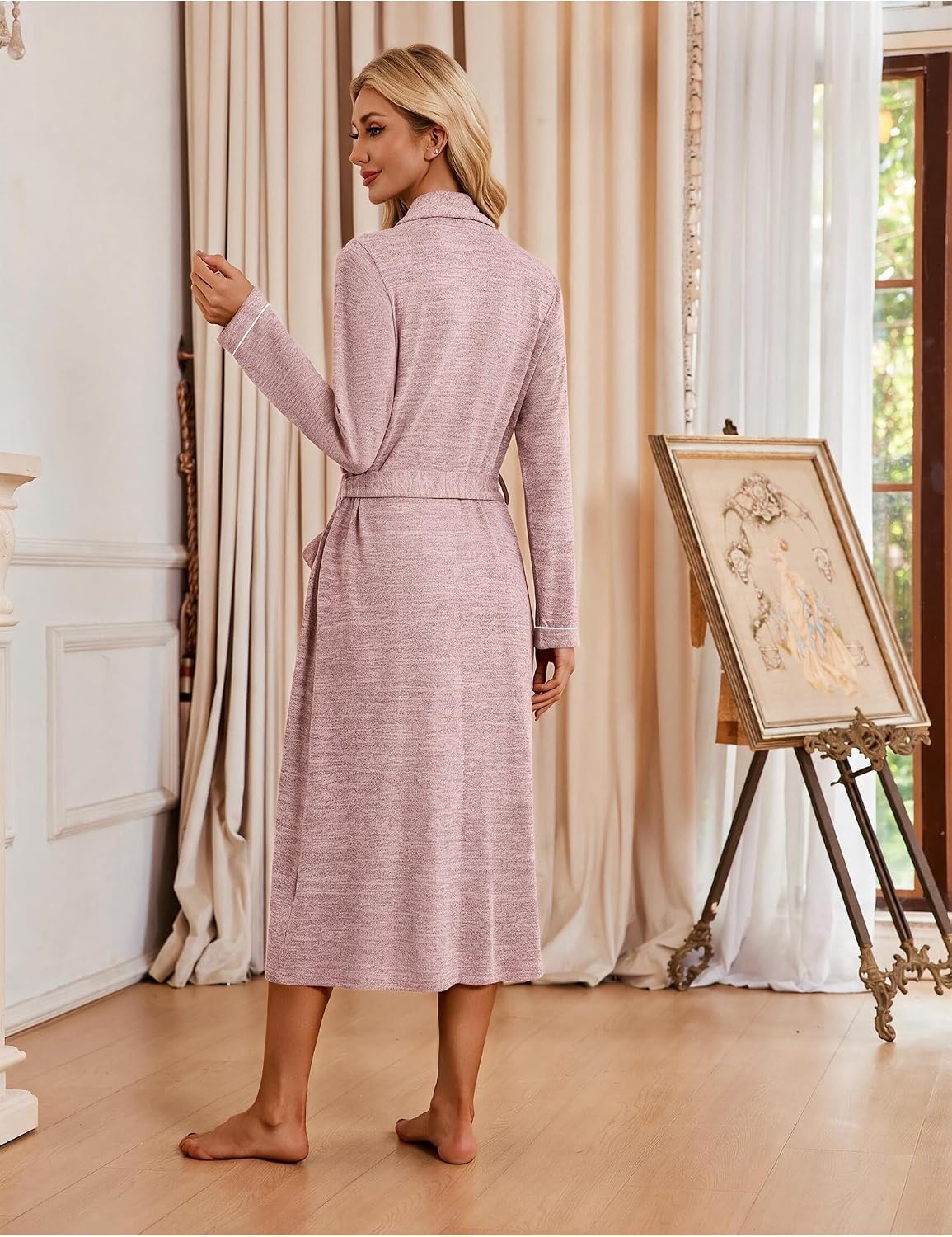 image:imageEkouaer Robes for Women Long Knit Bathrobe Soft Lightweight Kimono Robes Womens Long Robes Soft Long Sleeve BathRobes with Pockets Ladies Mid Calf Length Casual Sleepwear with Inner Tie Outer Belt1pink