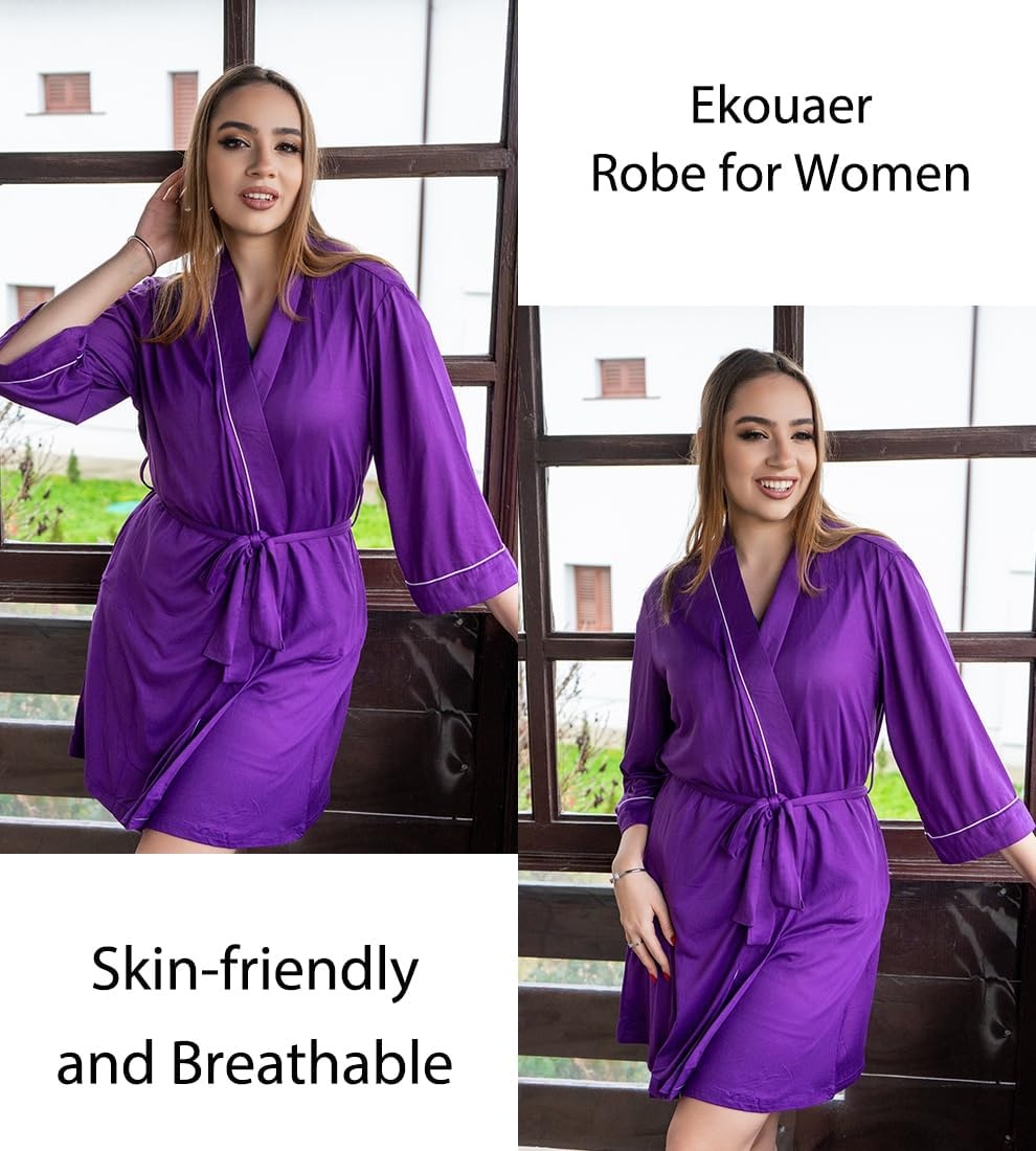 image:imageEkouaer Women Robes Knee Length Kimono Bathrobe Lightweight Soft Sleepwear 34 Sleeve Vneck Pocket Modern Trim Ideal Gift for Pregnancy Bridesmaid Gifts1 Purple