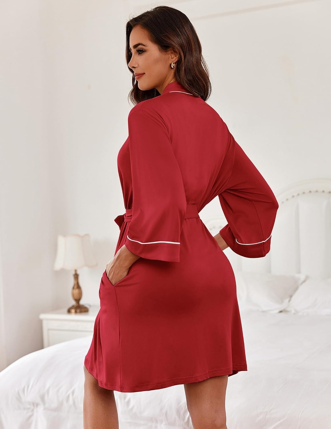 image:imageEkouaer Women Robes Knee Length Kimono Bathrobe Lightweight Soft Sleepwear 34 Sleeve Vneck Pocket Modern Trim Ideal Gift for Pregnancy Bridesmaid GiftsRed