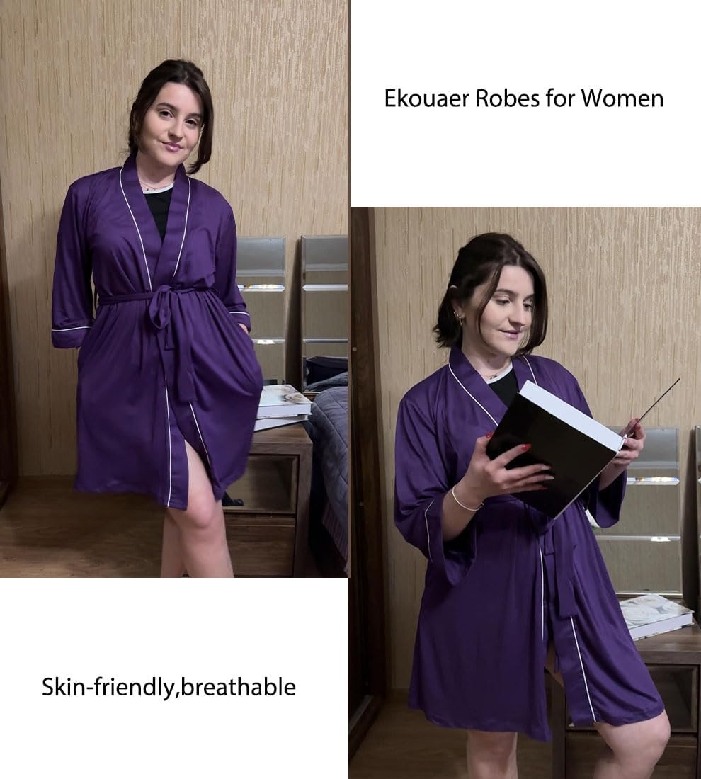 image:imageEkouaer Women Robes Knee Length Kimono Bathrobe Lightweight Soft Sleepwear 34 Sleeve Vneck Pocket Modern Trim Ideal Gift for Pregnancy Bridesmaid Gifts1 Purple