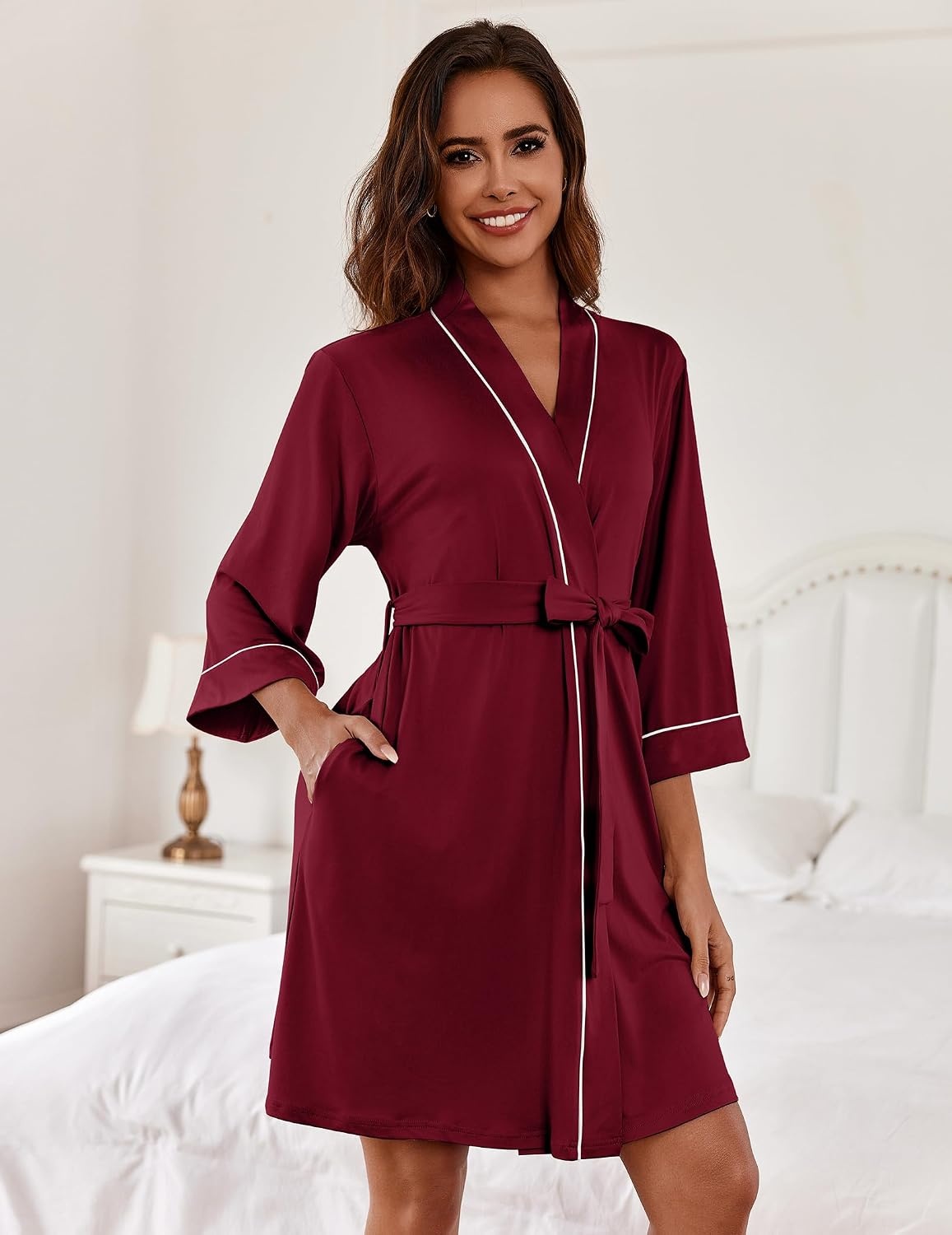image:imageEkouaer Women Robes Knee Length Kimono Bathrobe Lightweight Soft Sleepwear 34 Sleeve Vneck Pocket Modern Trim Ideal Gift for Pregnancy Bridesmaid Gifts1 Wine Red