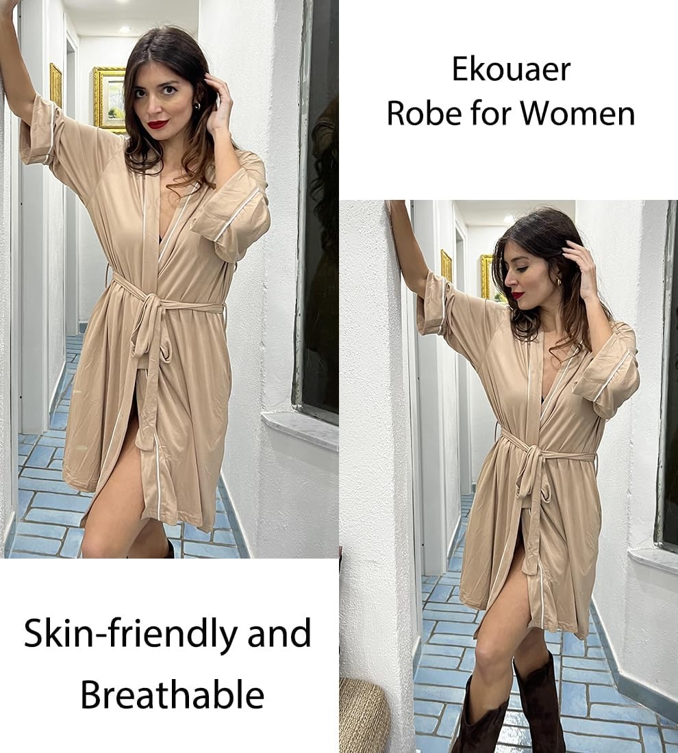 image:imageEkouaer Women Robes Knee Length Kimono Bathrobe Lightweight Soft Sleepwear 34 Sleeve Vneck Pocket Modern Trim Ideal Gift for Pregnancy Bridesmaid GiftsKhaki