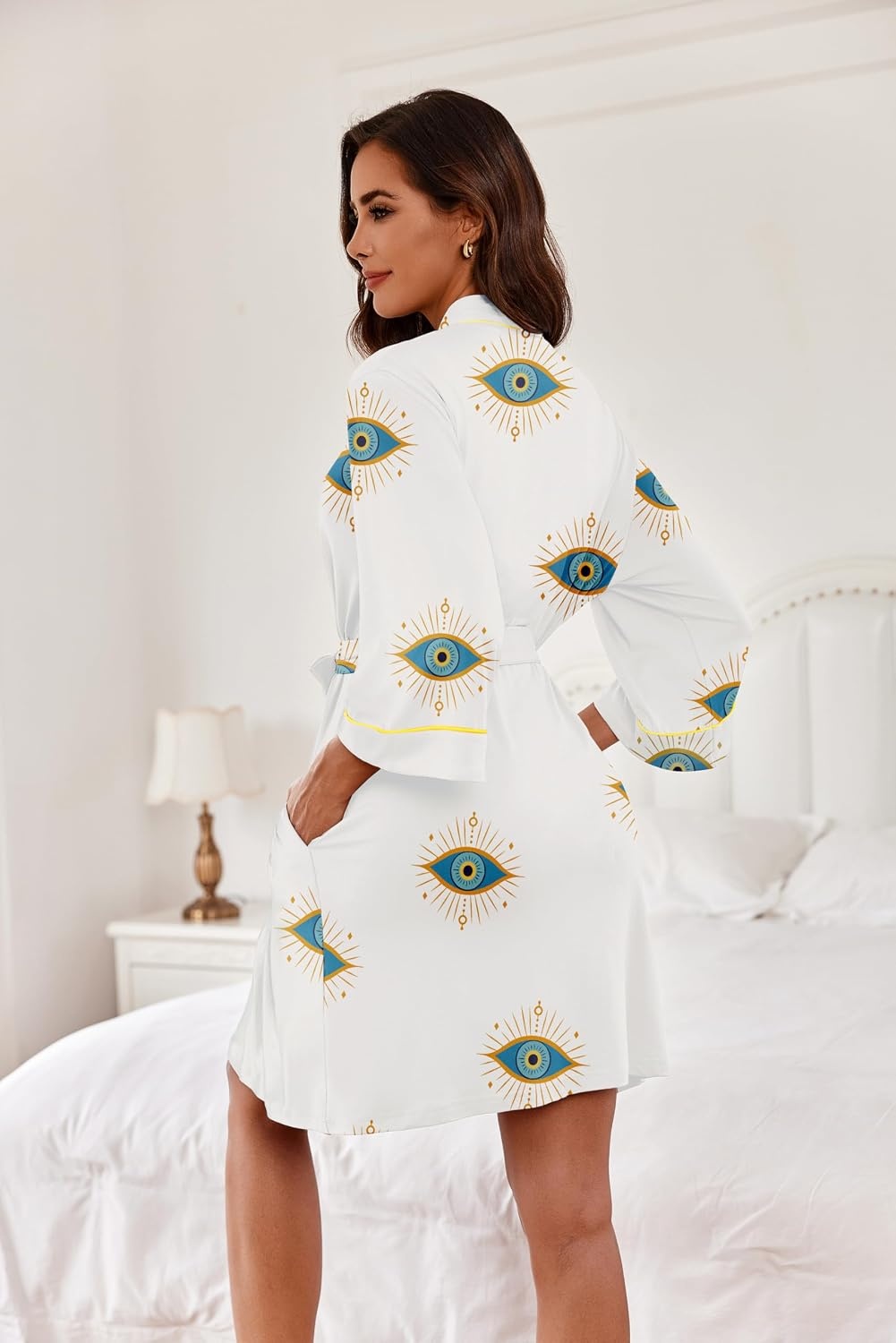 image:imageEkouaer Women Robes Knee Length Kimono Bathrobe Lightweight Soft Sleepwear 34 Sleeve Vneck Pocket Modern Trim Ideal Gift for Pregnancy Bridesmaid GiftsBubble Eye