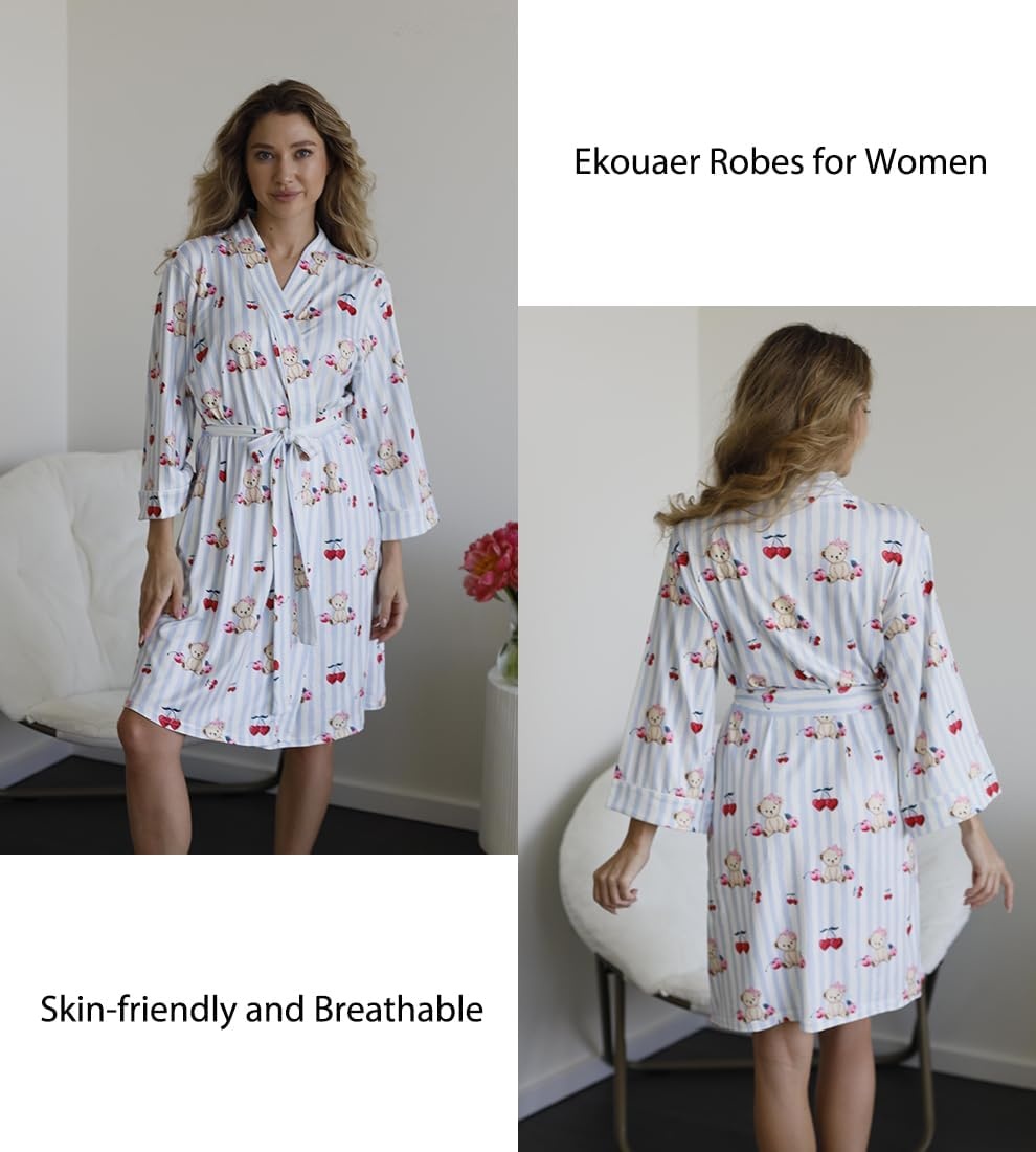 image:imageEkouaer Women Robes Knee Length Kimono Bathrobe Lightweight Soft Sleepwear 34 Sleeve Vneck Pocket Modern Trim Ideal Gift for Pregnancy Bridesmaid GiftsBlue Striped Teddy Bear