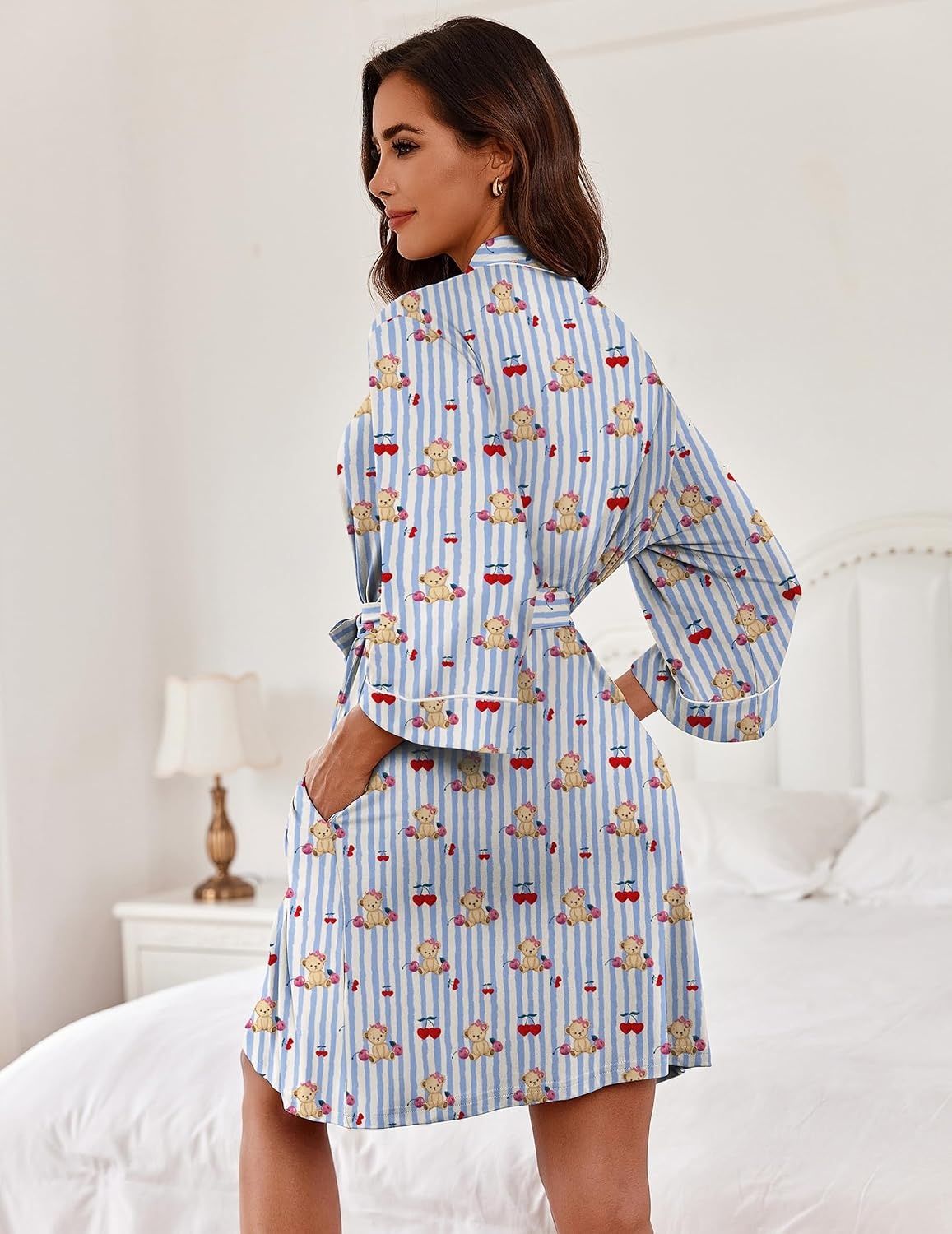 image:imageEkouaer Women Robes Knee Length Kimono Bathrobe Lightweight Soft Sleepwear 34 Sleeve Vneck Pocket Modern Trim Ideal Gift for Pregnancy Bridesmaid GiftsBlue Striped Teddy Bear