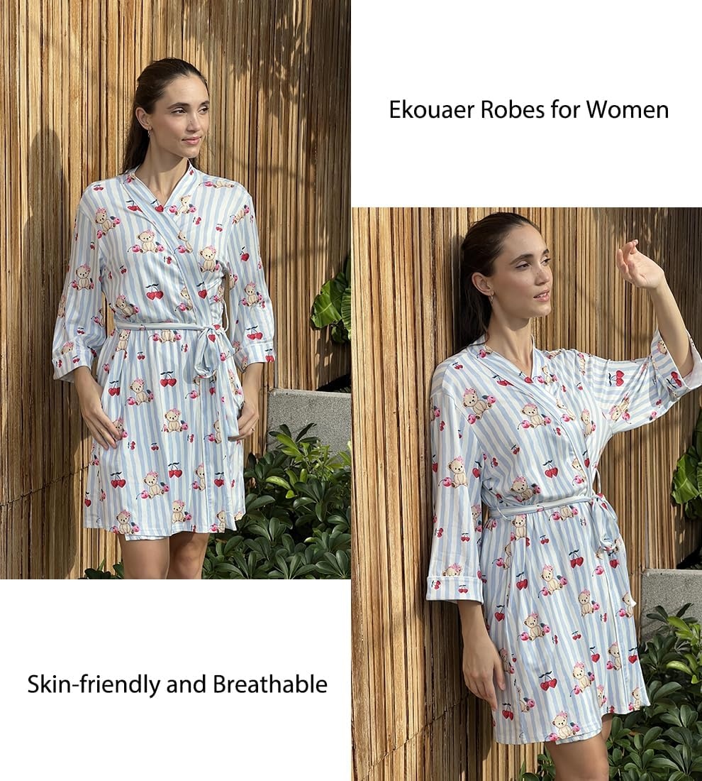 image:imageEkouaer Women Robes Knee Length Kimono Bathrobe Lightweight Soft Sleepwear 34 Sleeve Vneck Pocket Modern Trim Ideal Gift for Pregnancy Bridesmaid GiftsBlue Striped Teddy Bear
