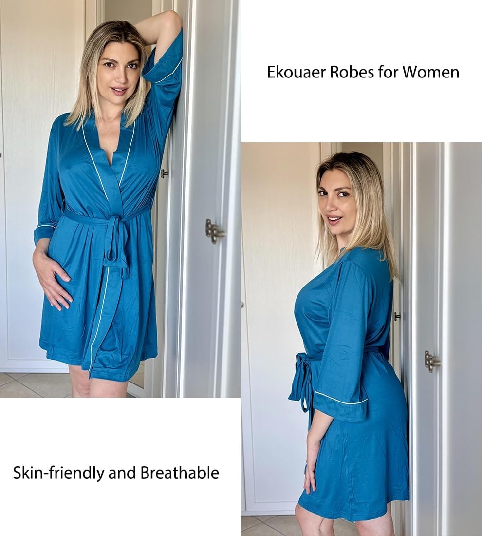 image:imageEkouaer Women Robes Knee Length Kimono Bathrobe Lightweight Soft Sleepwear 34 Sleeve Vneck Pocket Modern Trim Ideal Gift for Pregnancy Bridesmaid Gifts1 Turquoise