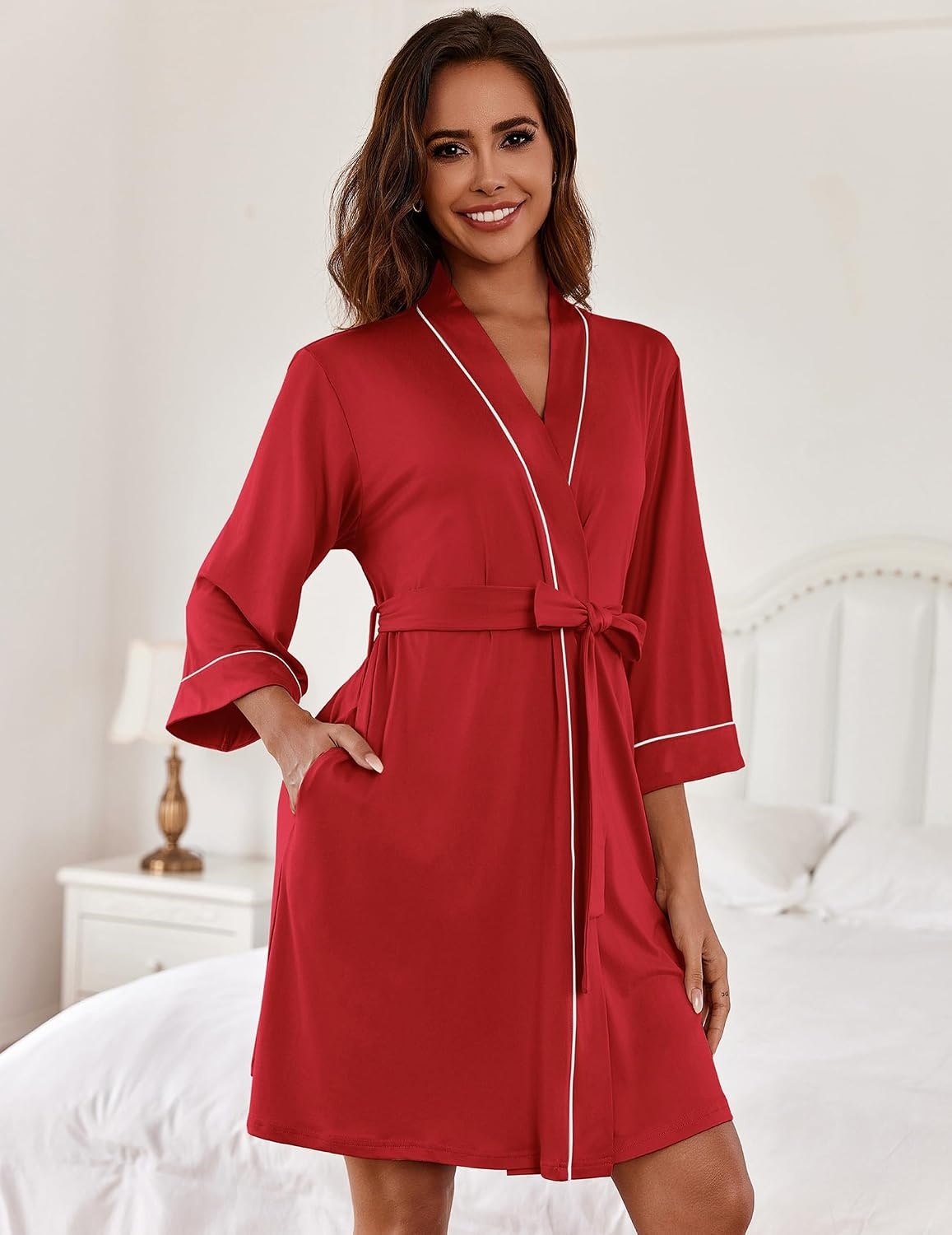 image:imageEkouaer Women Robes Knee Length Kimono Bathrobe Lightweight Soft Sleepwear 34 Sleeve Vneck Pocket Modern Trim Ideal Gift for Pregnancy Bridesmaid GiftsRed