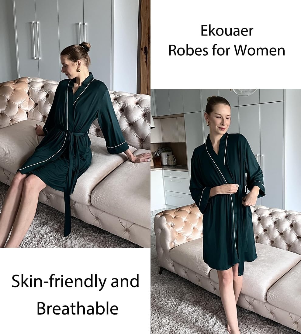 image:imageEkouaer Women Robes Knee Length Kimono Bathrobe Lightweight Soft Sleepwear 34 Sleeve Vneck Pocket Modern Trim Ideal Gift for Pregnancy Bridesmaid Gifts1black