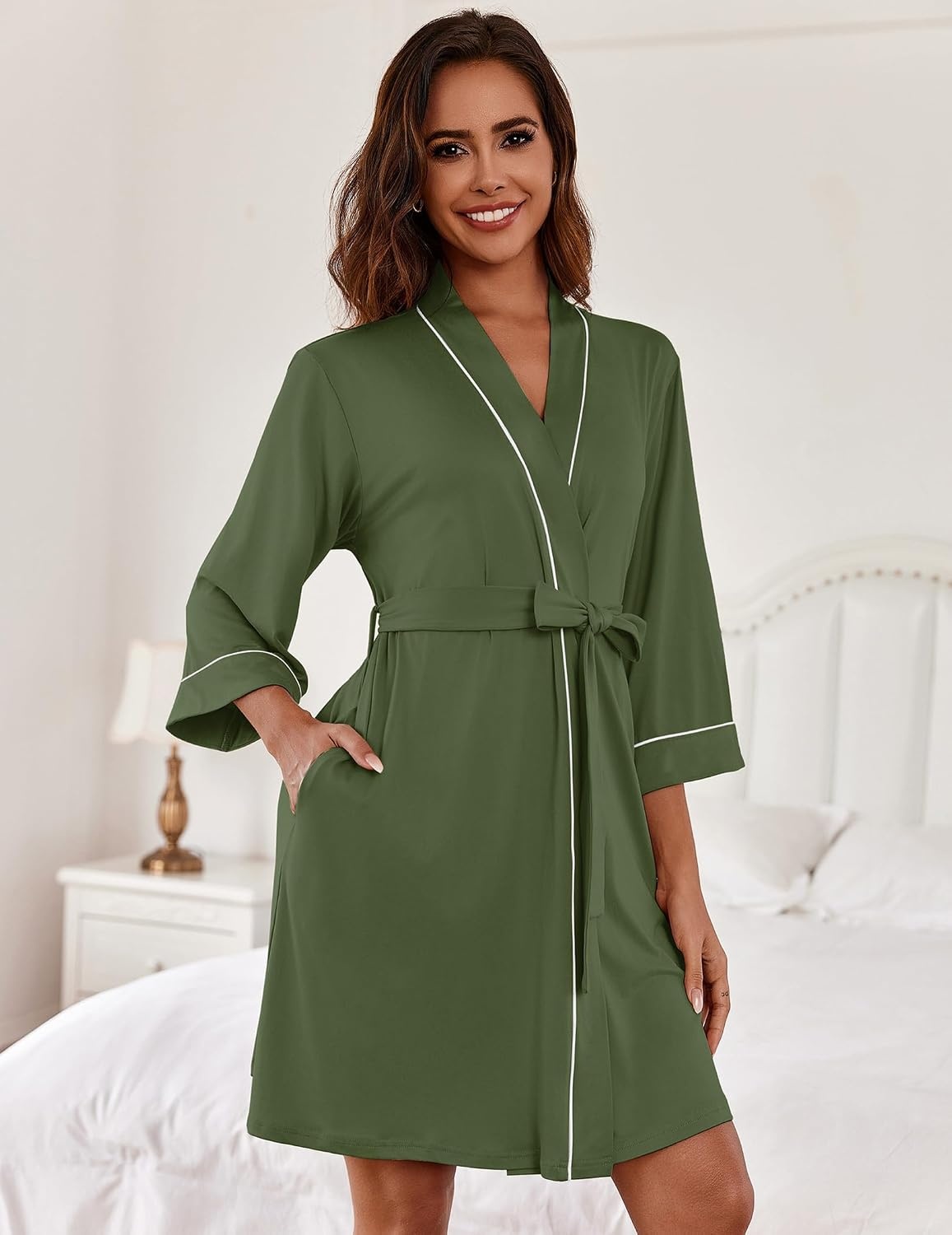 image:imageEkouaer Women Robes Knee Length Kimono Bathrobe Lightweight Soft Sleepwear 34 Sleeve Vneck Pocket Modern Trim Ideal Gift for Pregnancy Bridesmaid GiftsArmy Green