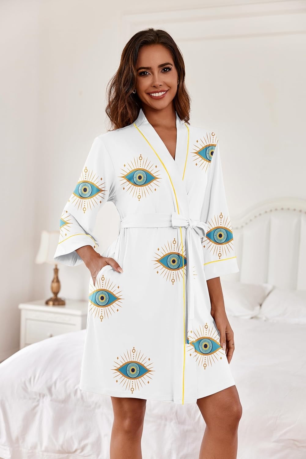 image:imageEkouaer Women Robes Knee Length Kimono Bathrobe Lightweight Soft Sleepwear 34 Sleeve Vneck Pocket Modern Trim Ideal Gift for Pregnancy Bridesmaid GiftsBubble Eye