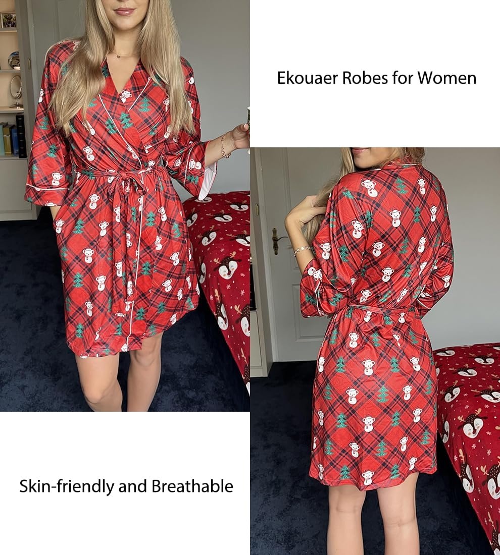 image:imageEkouaer Women Robes Knee Length Kimono Bathrobe Lightweight Soft Sleepwear 34 Sleeve Vneck Pocket Modern Trim Ideal Gift for Pregnancy Bridesmaid GiftsRed Plaid Teddy Bear