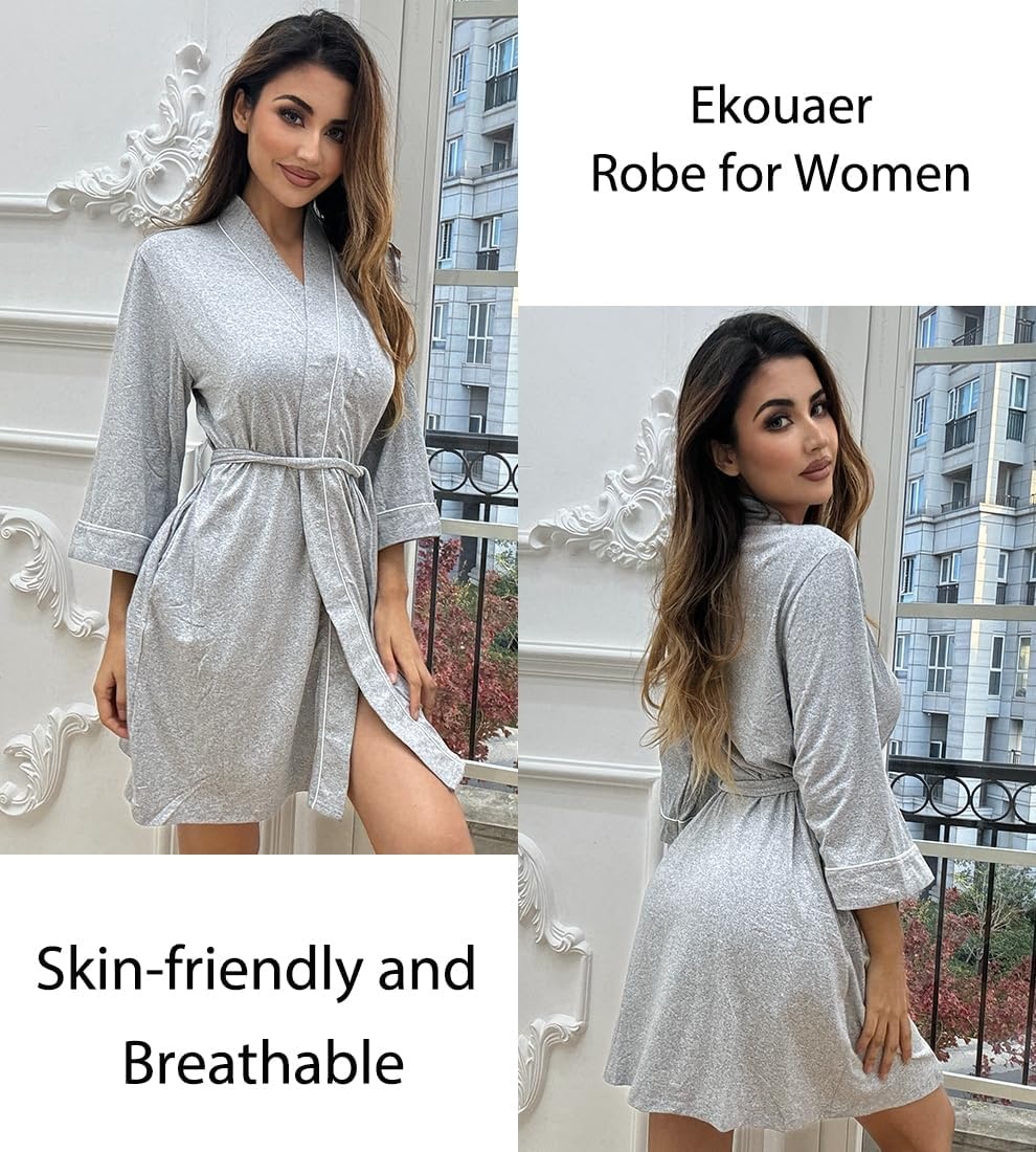 image:imageEkouaer Women Robes Knee Length Kimono Bathrobe Lightweight Soft Sleepwear 34 Sleeve Vneck Pocket Modern Trim Ideal Gift for Pregnancy Bridesmaid Gifts1 Light Gray