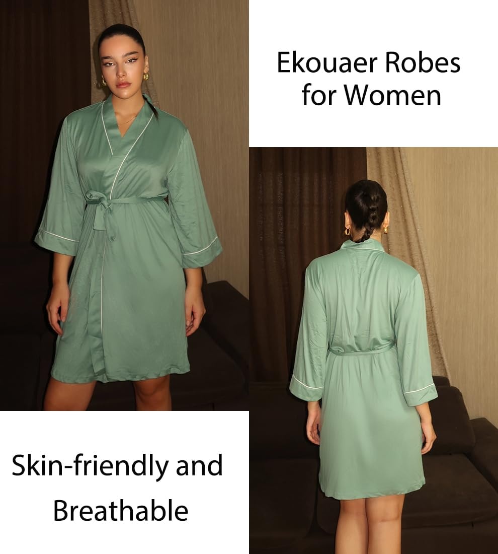 image:imageEkouaer Women Robes Knee Length Kimono Bathrobe Lightweight Soft Sleepwear 34 Sleeve Vneck Pocket Modern Trim Ideal Gift for Pregnancy Bridesmaid Gifts1 Celadon Green