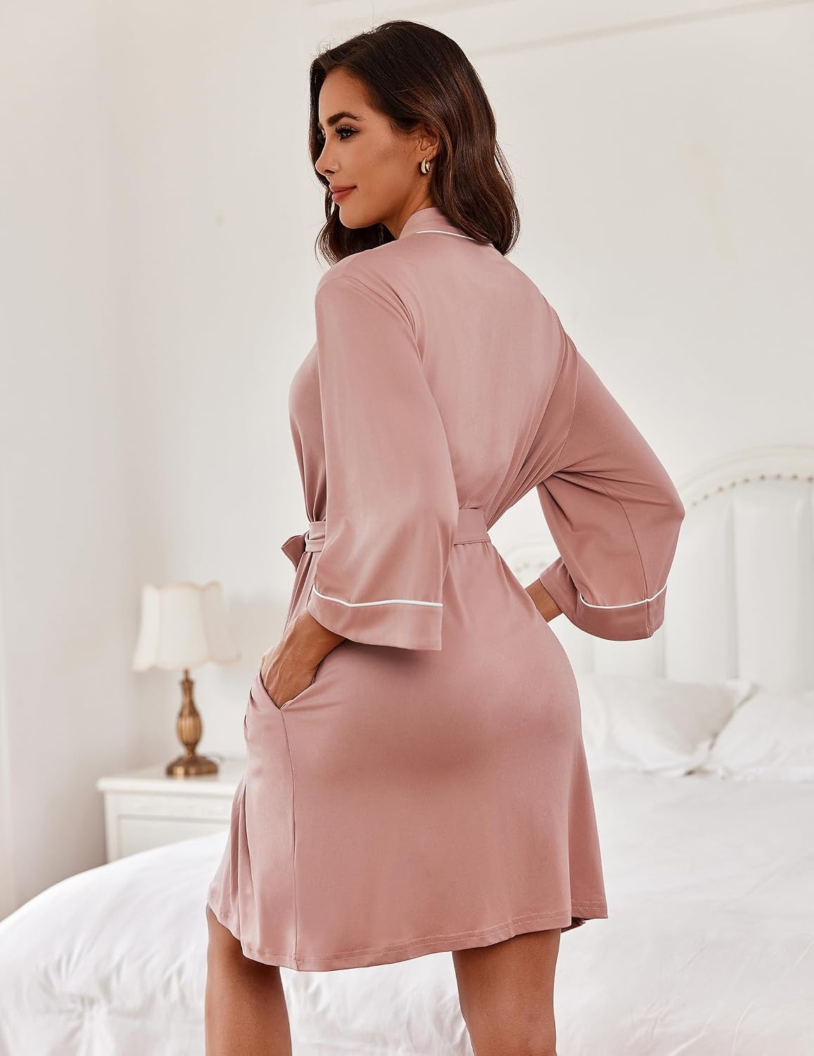 image:imageEkouaer Women Robes Knee Length Kimono Bathrobe Lightweight Soft Sleepwear 34 Sleeve Vneck Pocket Modern Trim Ideal Gift for Pregnancy Bridesmaid Gifts1 Misty Rose