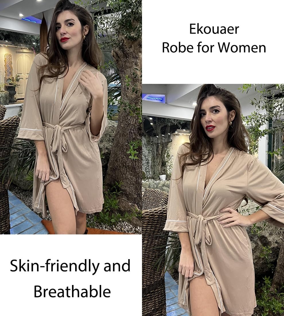 image:imageEkouaer Women Robes Knee Length Kimono Bathrobe Lightweight Soft Sleepwear 34 Sleeve Vneck Pocket Modern Trim Ideal Gift for Pregnancy Bridesmaid GiftsKhaki