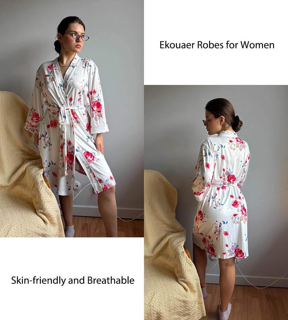image:imageEkouaer Women Robes Knee Length Kimono Bathrobe Lightweight Soft Sleepwear 34 Sleeve Vneck Pocket Modern Trim Ideal Gift for Pregnancy Bridesmaid GiftsCharming Rose