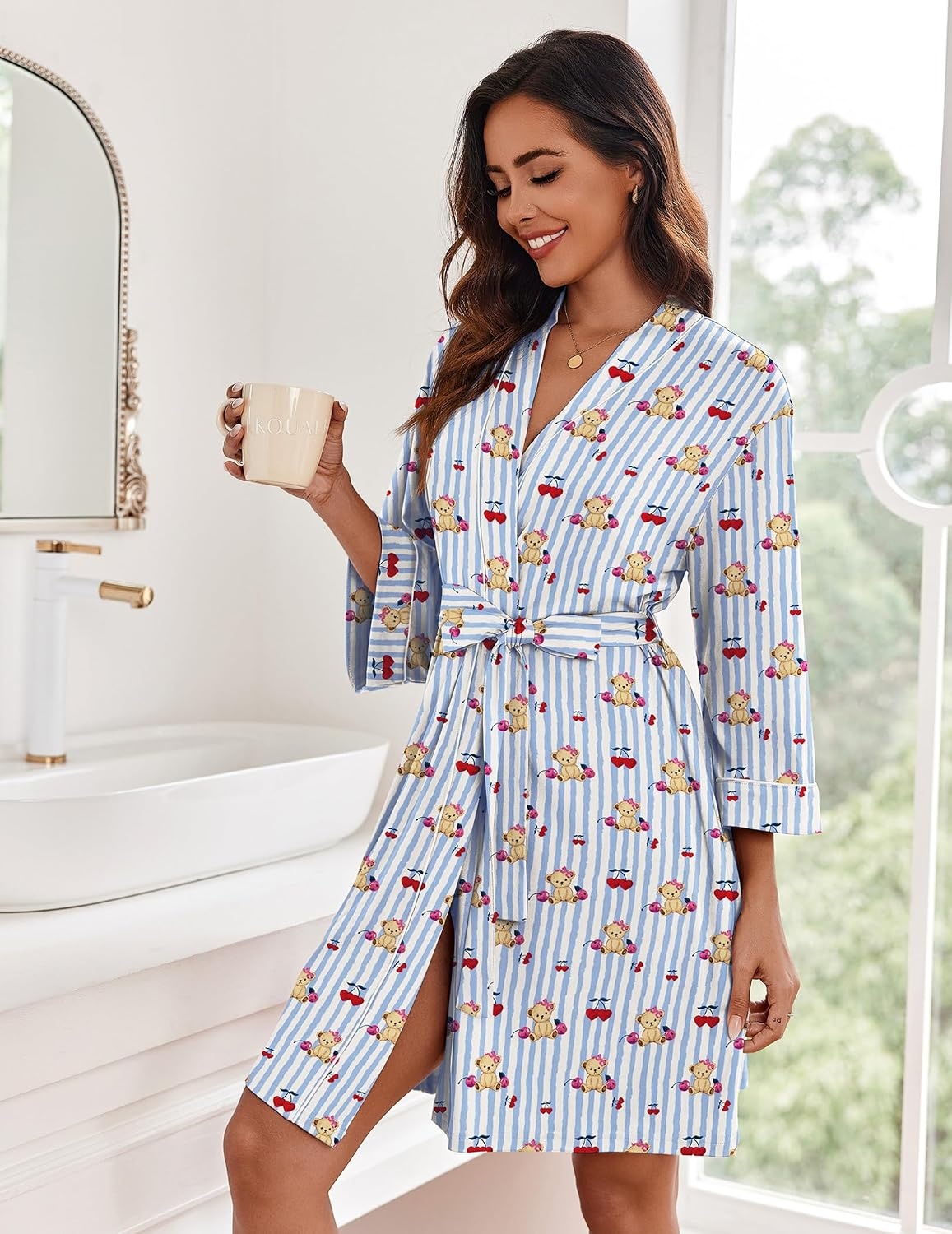 image:imageEkouaer Women Robes Knee Length Kimono Bathrobe Lightweight Soft Sleepwear 34 Sleeve Vneck Pocket Modern Trim Ideal Gift for Pregnancy Bridesmaid GiftsBlue Striped Teddy Bear