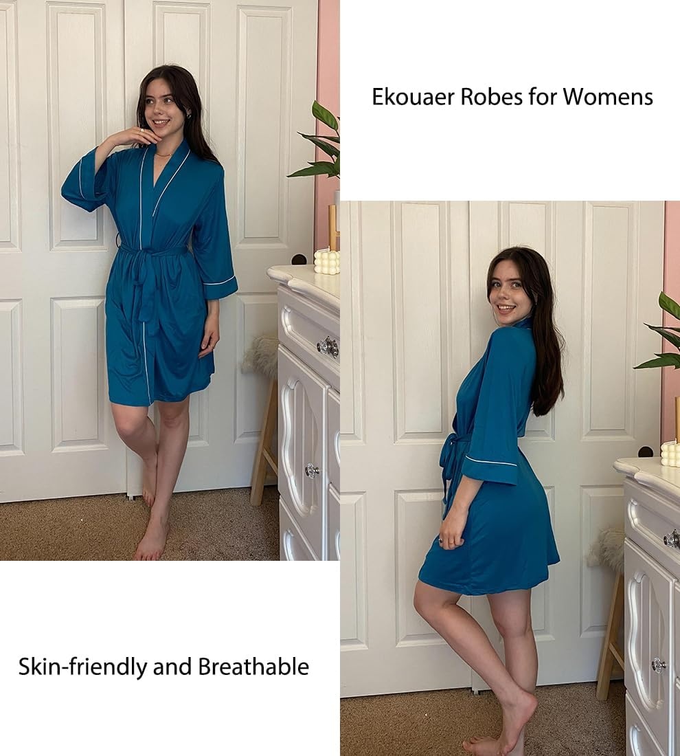 image:imageEkouaer Women Robes Knee Length Kimono Bathrobe Lightweight Soft Sleepwear 34 Sleeve Vneck Pocket Modern Trim Ideal Gift for Pregnancy Bridesmaid Gifts1 Turquoise