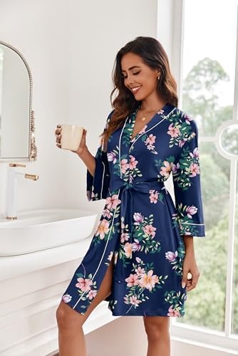 image:imageEkouaer Women Robes Knee Length Kimono Bathrobe Lightweight Soft Sleepwear 34 Sleeve Vneck Pocket Modern Trim Ideal Gift for Pregnancy Bridesmaid GiftsNavy Blue Floral