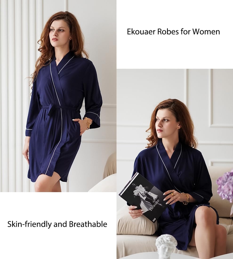 image:imageEkouaer Women Robes Knee Length Kimono Bathrobe Lightweight Soft Sleepwear 34 Sleeve Vneck Pocket Modern Trim Ideal Gift for Pregnancy Bridesmaid Gifts1 Navy Blue