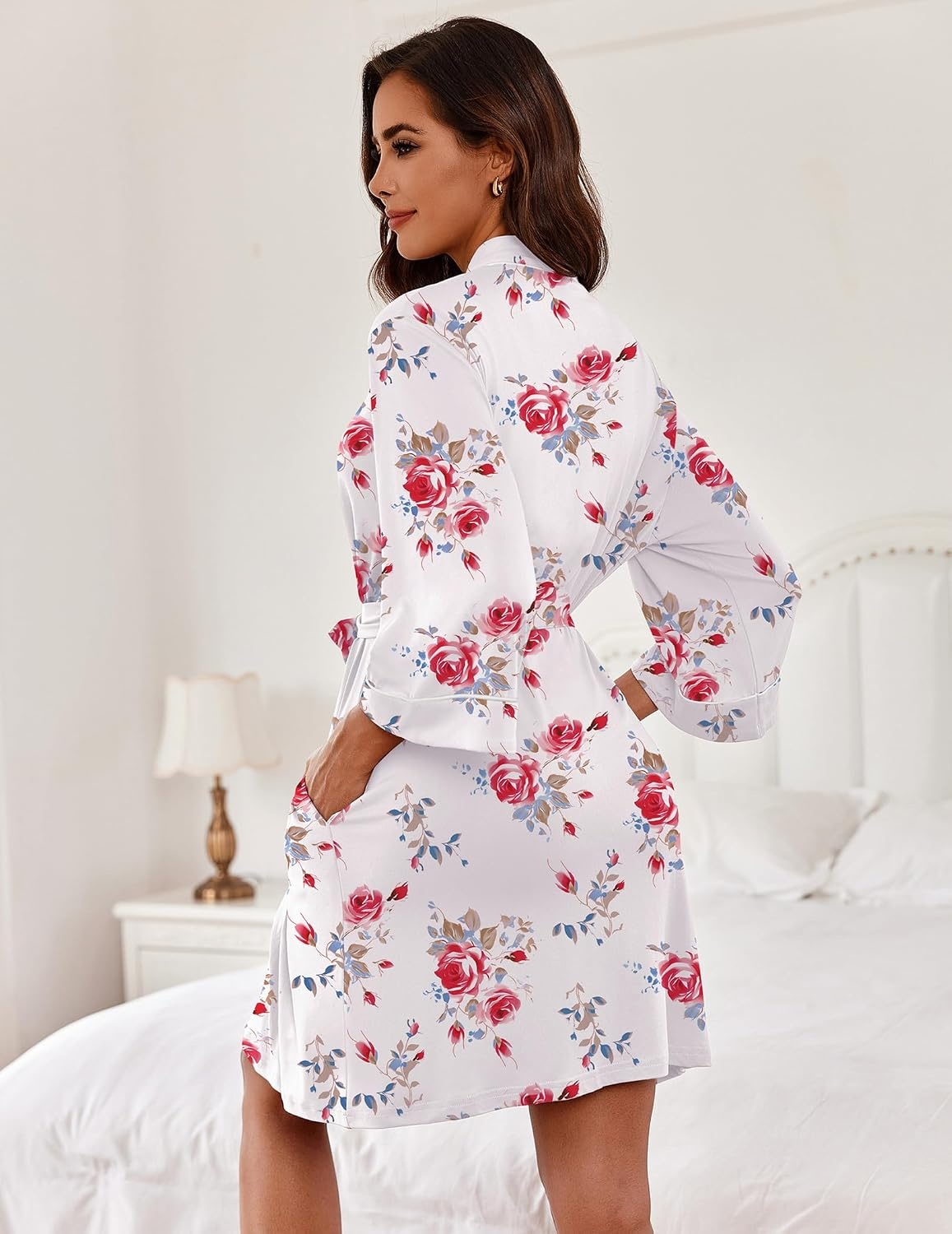 image:imageEkouaer Women Robes Knee Length Kimono Bathrobe Lightweight Soft Sleepwear 34 Sleeve Vneck Pocket Modern Trim Ideal Gift for Pregnancy Bridesmaid GiftsCharming Rose