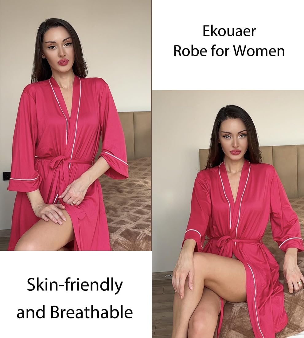 image:imageEkouaer Women Robes Knee Length Kimono Bathrobe Lightweight Soft Sleepwear 34 Sleeve Vneck Pocket Modern Trim Ideal Gift for Pregnancy Bridesmaid GiftsRose Red
