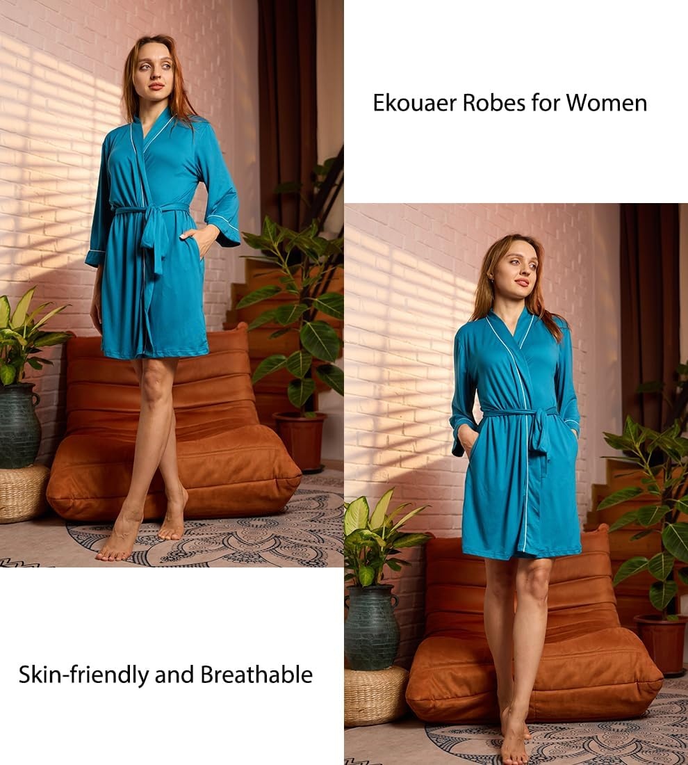 image:imageEkouaer Women Robes Knee Length Kimono Bathrobe Lightweight Soft Sleepwear 34 Sleeve Vneck Pocket Modern Trim Ideal Gift for Pregnancy Bridesmaid Gifts1 Turquoise
