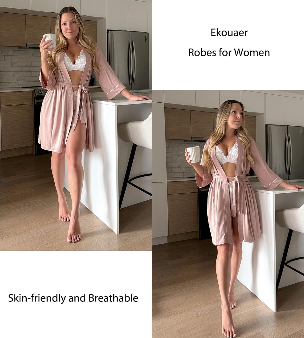 image:imageEkouaer Women Robes Knee Length Kimono Bathrobe Lightweight Soft Sleepwear 34 Sleeve Vneck Pocket Modern Trim Ideal Gift for Pregnancy Bridesmaid Gifts1 Misty Rose