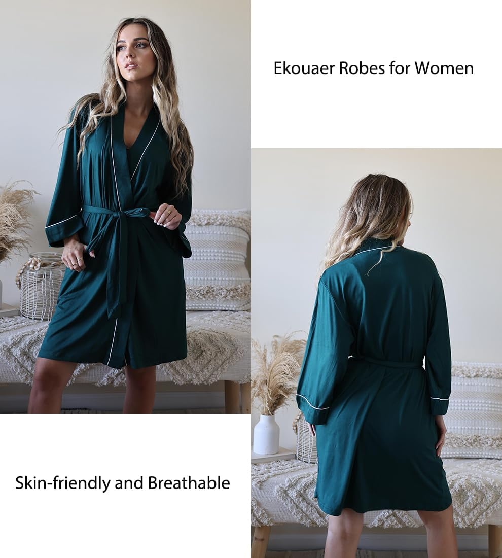 image:imageEkouaer Women Robes Knee Length Kimono Bathrobe Lightweight Soft Sleepwear 34 Sleeve Vneck Pocket Modern Trim Ideal Gift for Pregnancy Bridesmaid Gifts1 Navy Blue