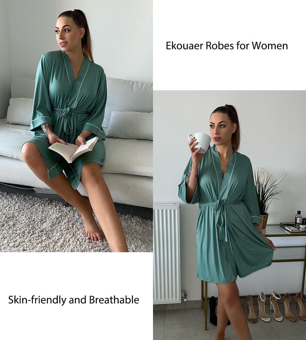 image:imageEkouaer Women Robes Knee Length Kimono Bathrobe Lightweight Soft Sleepwear 34 Sleeve Vneck Pocket Modern Trim Ideal Gift for Pregnancy Bridesmaid Gifts1 Celadon Green