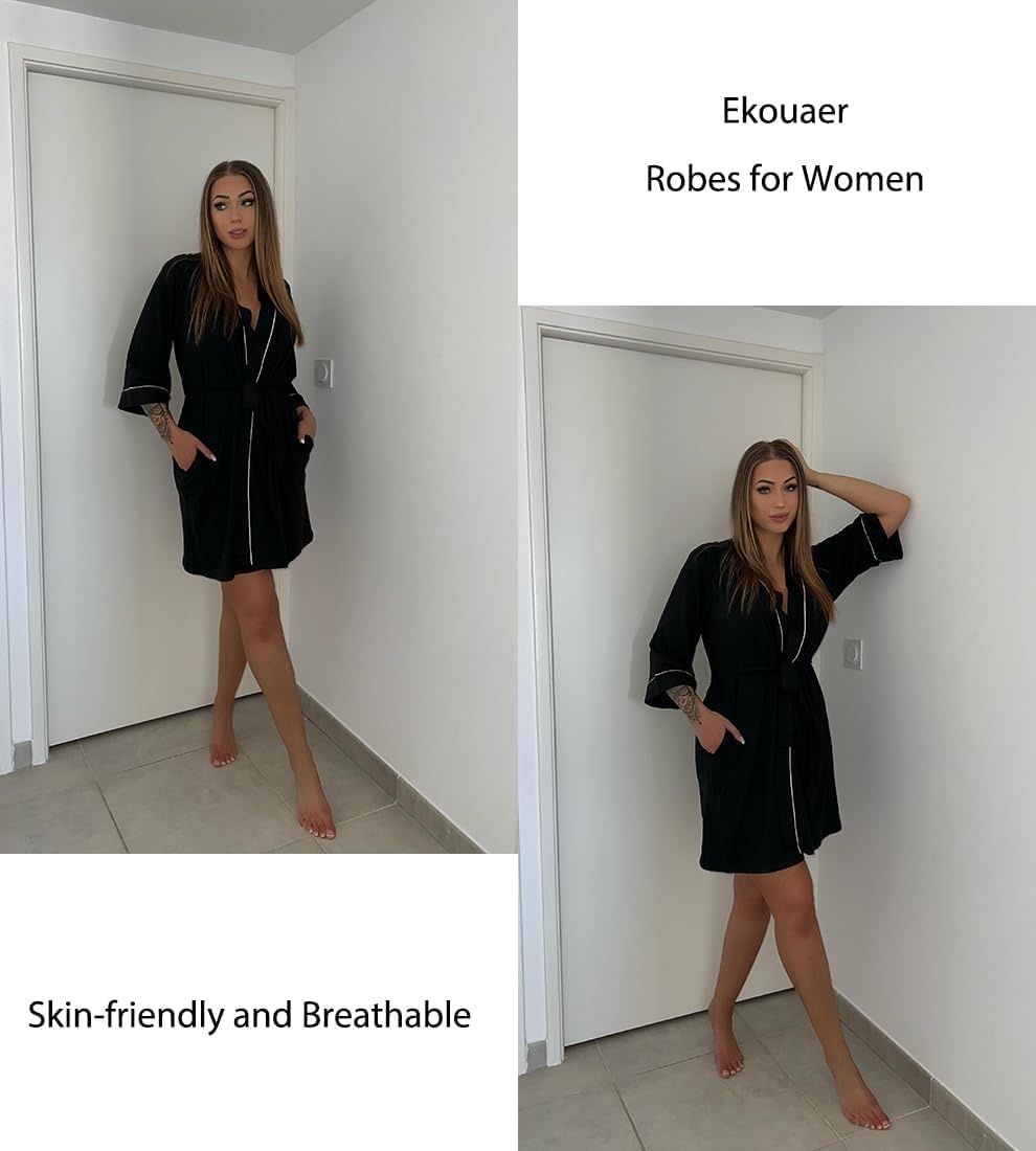 image:imageEkouaer Women Robes Knee Length Kimono Bathrobe Lightweight Soft Sleepwear 34 Sleeve Vneck Pocket Modern Trim Ideal Gift for Pregnancy Bridesmaid Gifts1black