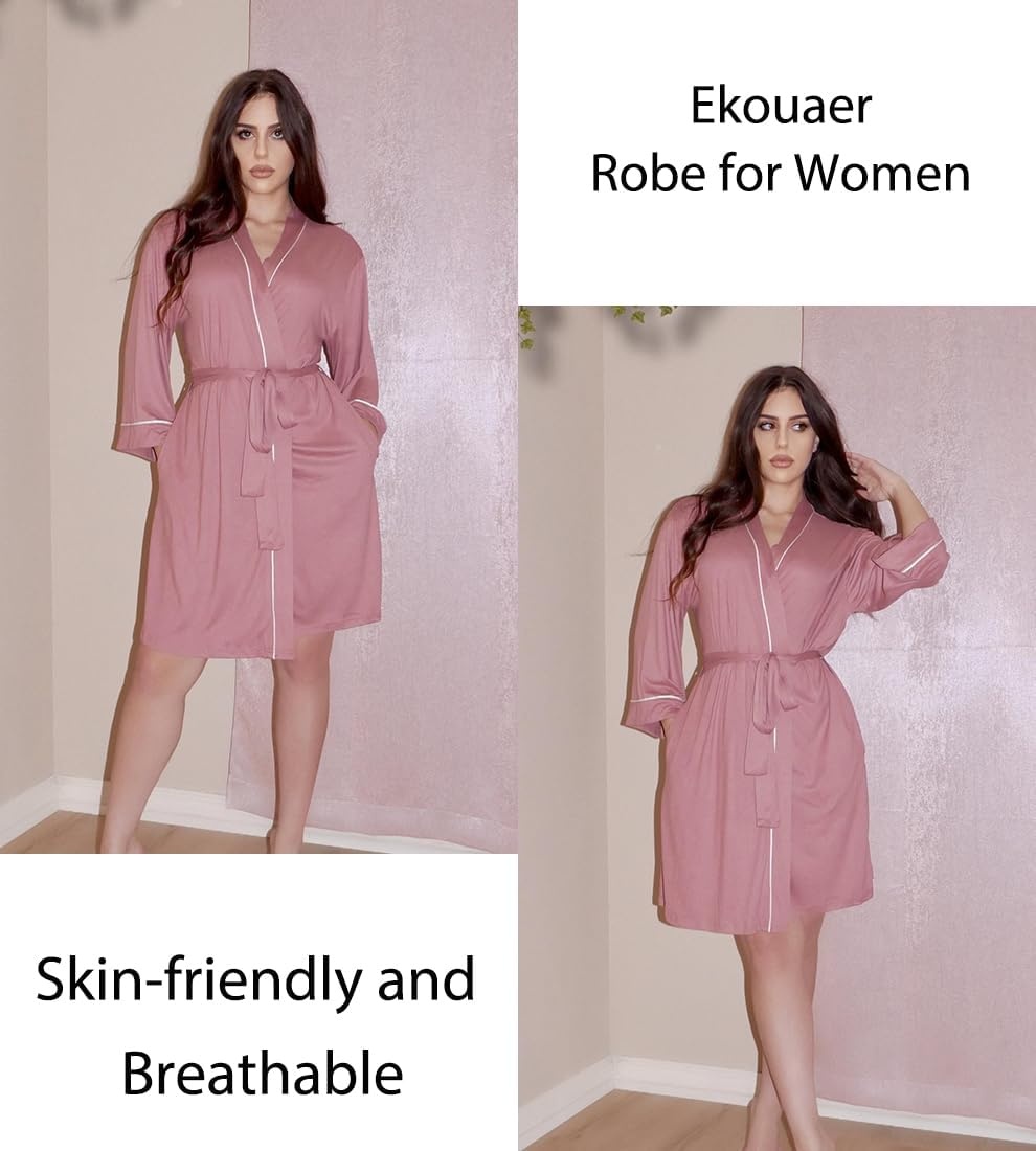 image:imageEkouaer Women Robes Knee Length Kimono Bathrobe Lightweight Soft Sleepwear 34 Sleeve Vneck Pocket Modern Trim Ideal Gift for Pregnancy Bridesmaid Gifts1 Misty Rose