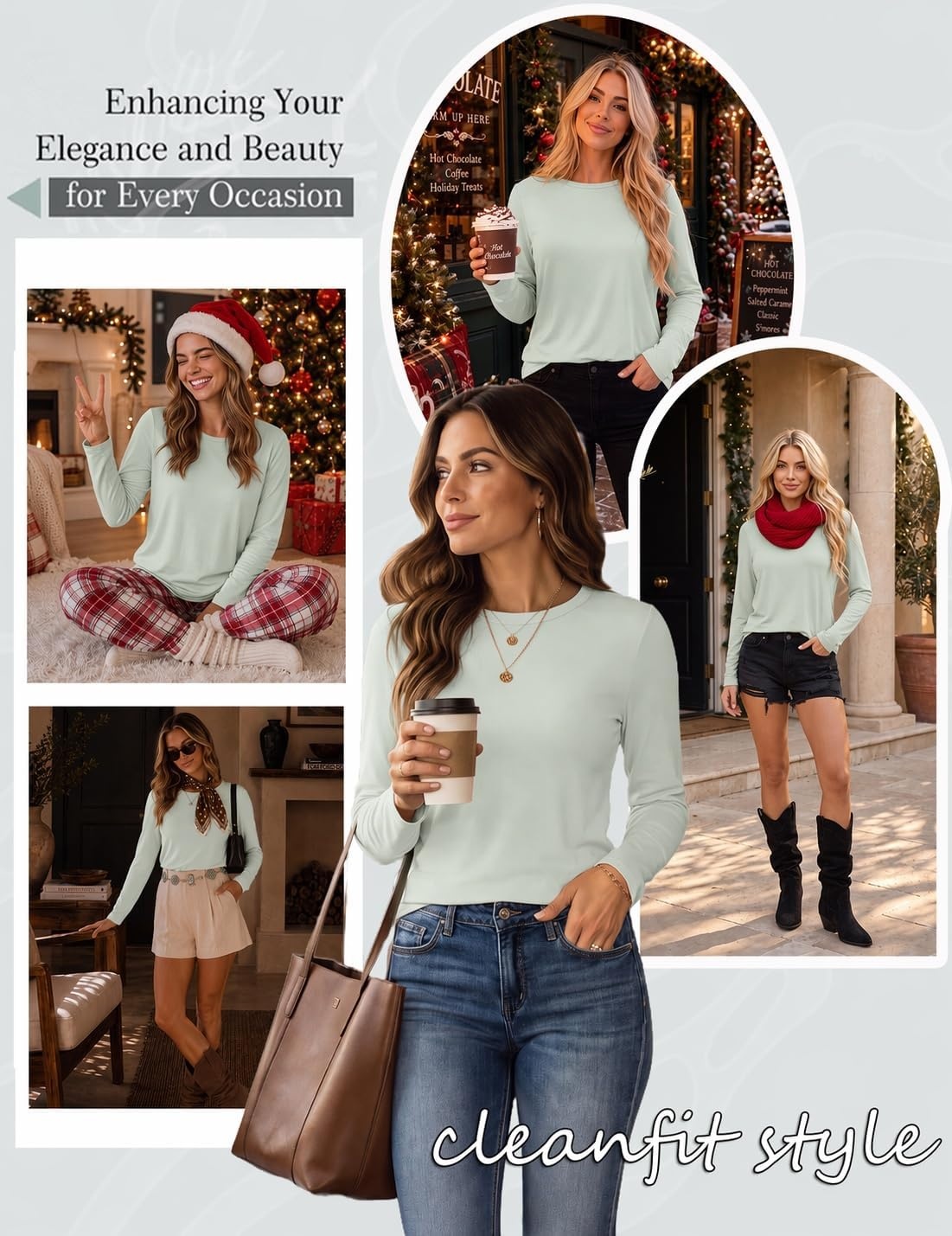 image:imageEkouaer Womens Casual Shirts Long Sleeve Tops Thermal Tshirts Fall Clothes Crewneck Breathable Comfort Lightweight Workout Basic Tees Solid or Graphic Tshirts 2026 Fashion OutfitLight Green