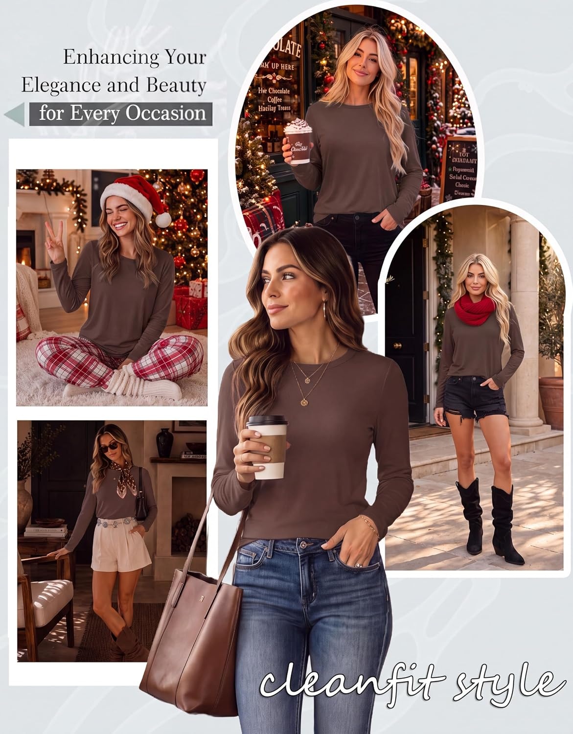 image:imageEkouaer Womens Casual Shirts Long Sleeve Tops Thermal Tshirts Fall Clothes Crewneck Breathable Comfort Lightweight Workout Basic Tees Solid or Graphic Tshirts 2026 Fashion OutfitBrown