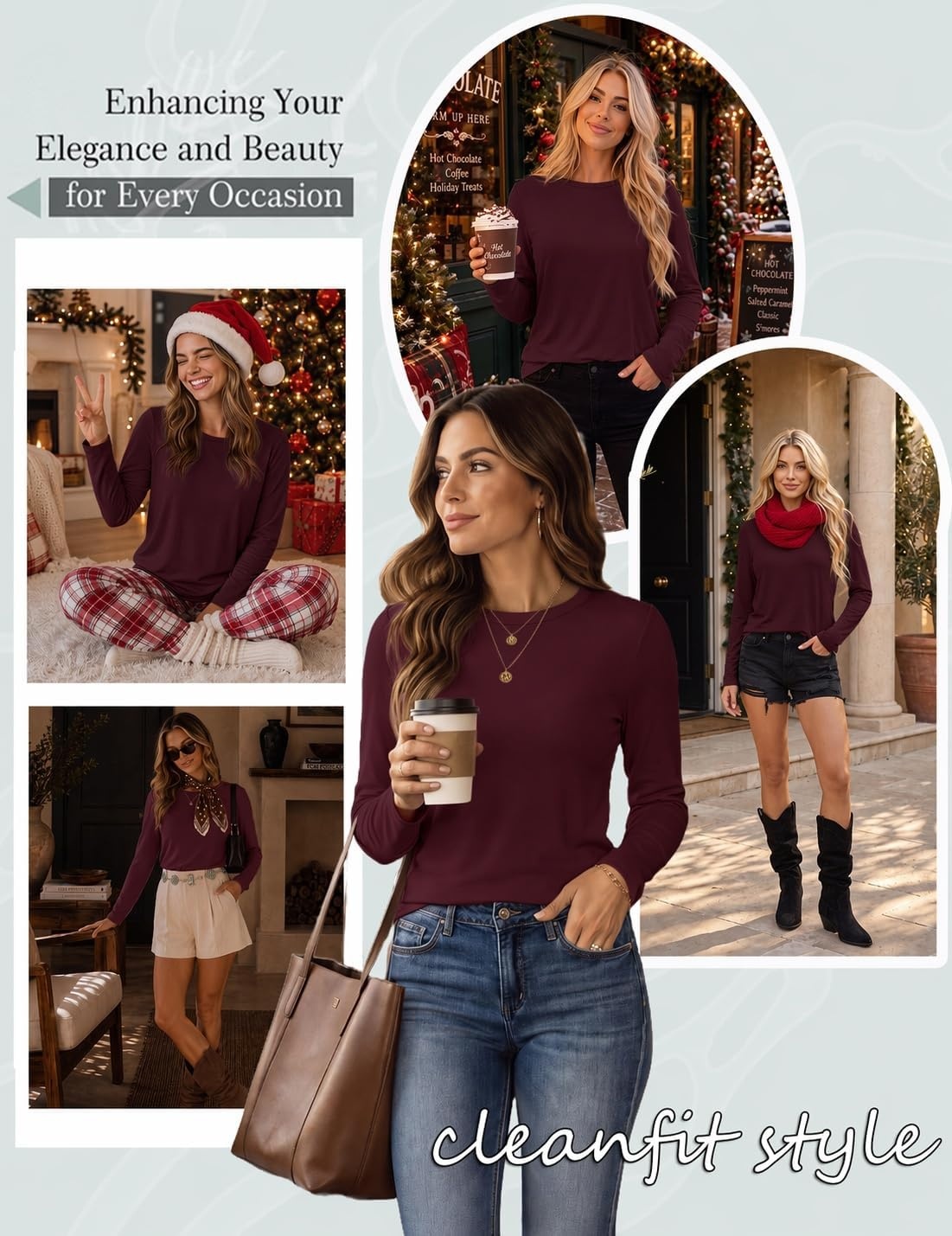 image:imageEkouaer Womens Casual Shirts Long Sleeve Tops Thermal Tshirts Fall Clothes Crewneck Breathable Comfort Lightweight Workout Basic Tees Solid or Graphic Tshirts 2026 Fashion OutfitBurgundy