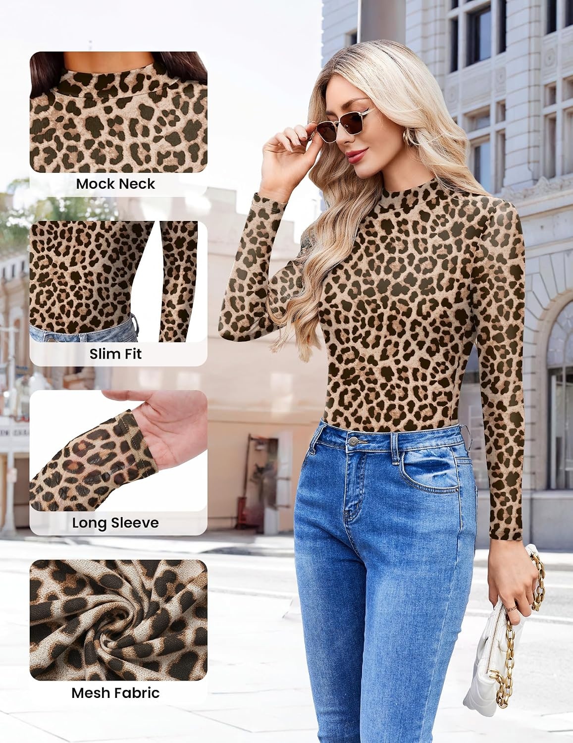 image:imageEkouaer Womens Mesh Long Sleeve Tops Fall Fashion Mock Neck Slim Fit Shirts Mock Turtleneck Floral Pattern Sheer Tulle Night Out Clothes Stretchy See Though Outfits Sexy Thermal BlousesLeopard Print