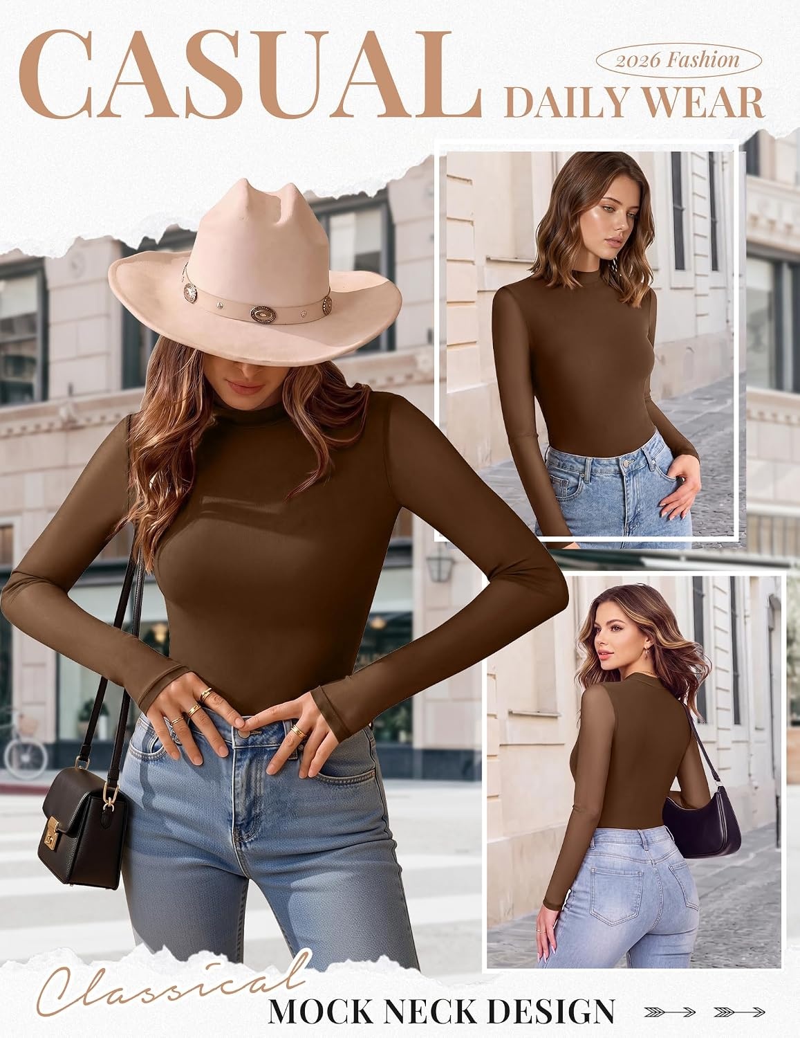 image:imageEkouaer Womens Mesh Long Sleeve Tops Fall Fashion Mock Neck Slim Fit Shirts Mock Turtleneck Floral Pattern Sheer Tulle Night Out Clothes Stretchy See Though Outfits Sexy Thermal BlousesBrown