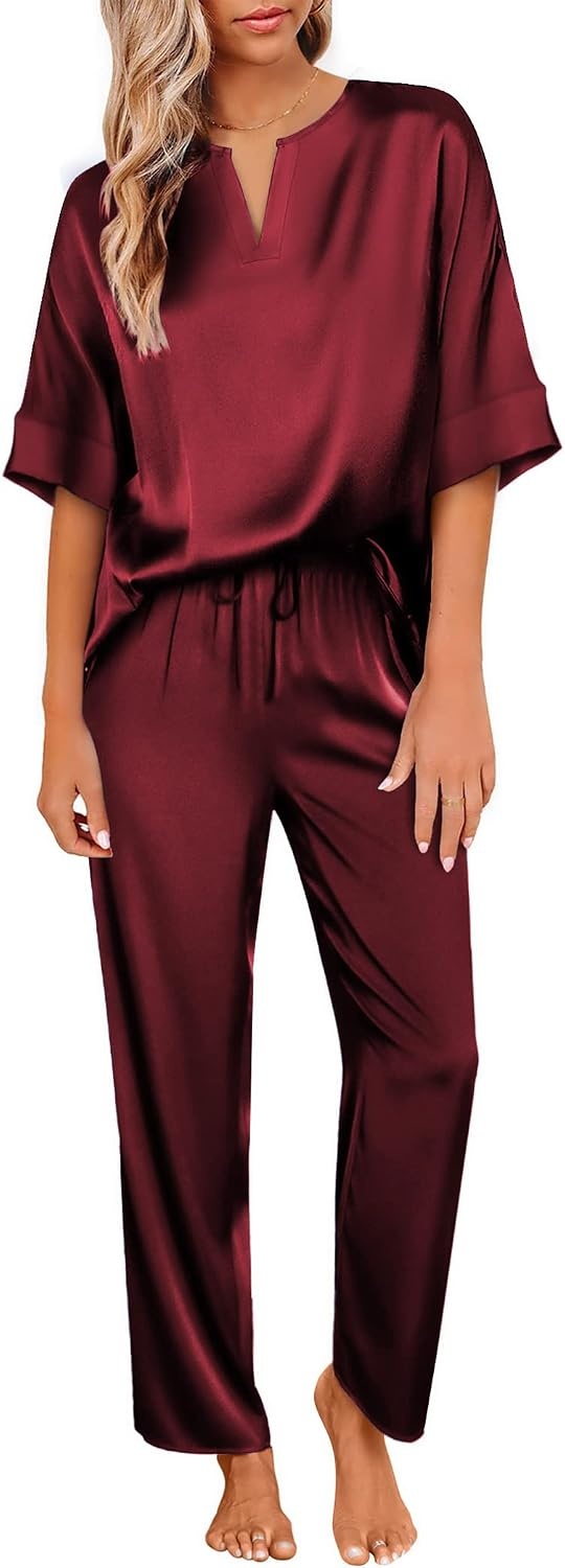 image:imageEkouaer Womens Satin Silky Pajama Set 2 Piece V Neck Silk Pjs with Pocket Short SleeveSoft SleepwearLightweight Lounge SetsComfy LoungewearBridal Wedding Party Pajamas GiftsXS2XLWine Red