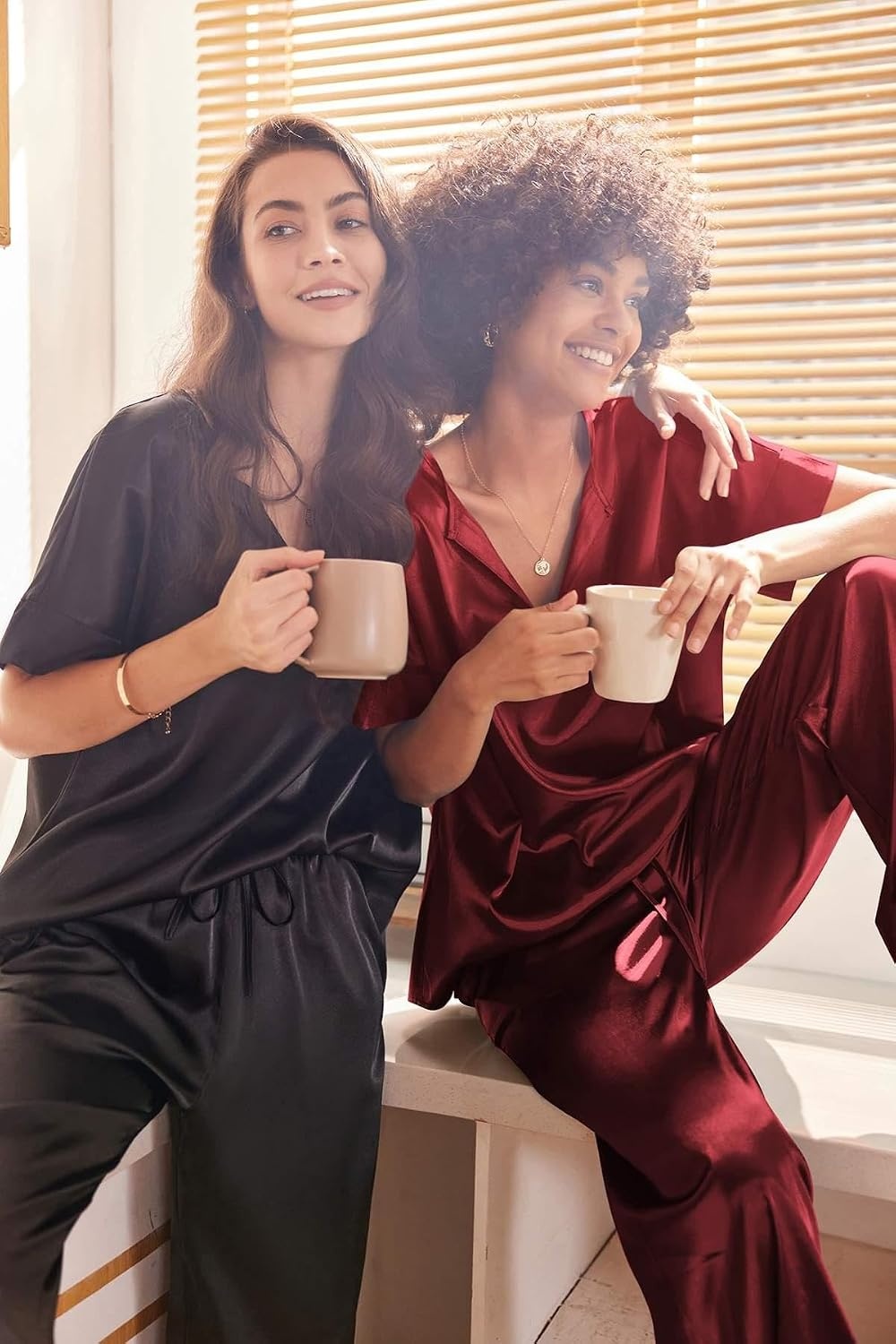 image:imageEkouaer Womens Satin Silky Pajama Set 2 Piece V Neck Silk Pjs with Pocket Short SleeveSoft SleepwearLightweight Lounge SetsComfy LoungewearBridal Wedding Party Pajamas GiftsXS2XLWine Red