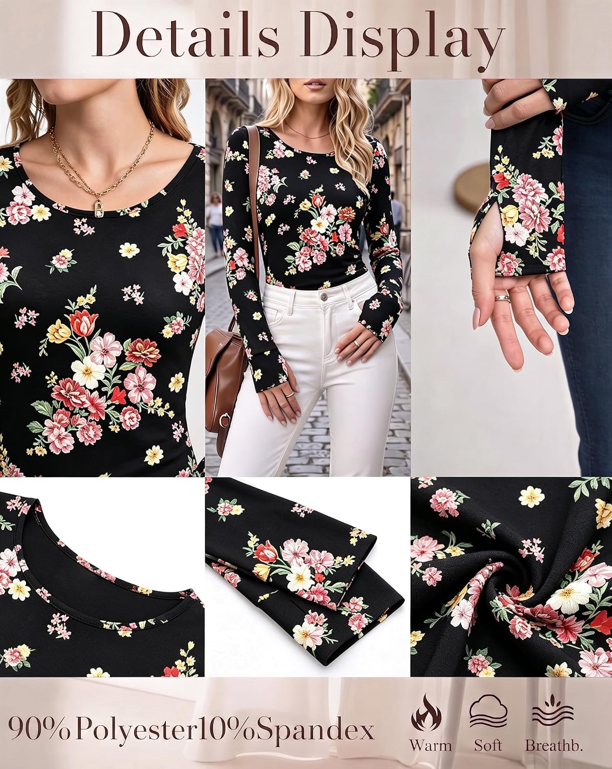 image:imageLong Sleeve Shirts for Women Thumb Hole Fitted Tops Thermal Layering Tees Round Neck Thermal Undershirts Slim Fit Underwear Tops Casual Fall Outfits Trendy Y2K TShirts Work amp Going Out TopsFloral Black