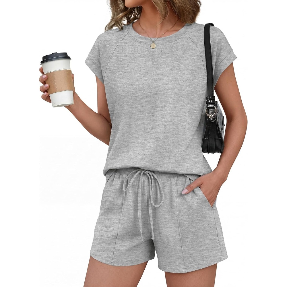 image:imageEkouaer Cotton Pajamas for Women Set 2 Piece Cap Sleeve Lounge Sets Soft Casual Summer Fall Crew Neck Matching Sets Travel Vacation Outfits With Pockets for Daily WearLight Heather Grey