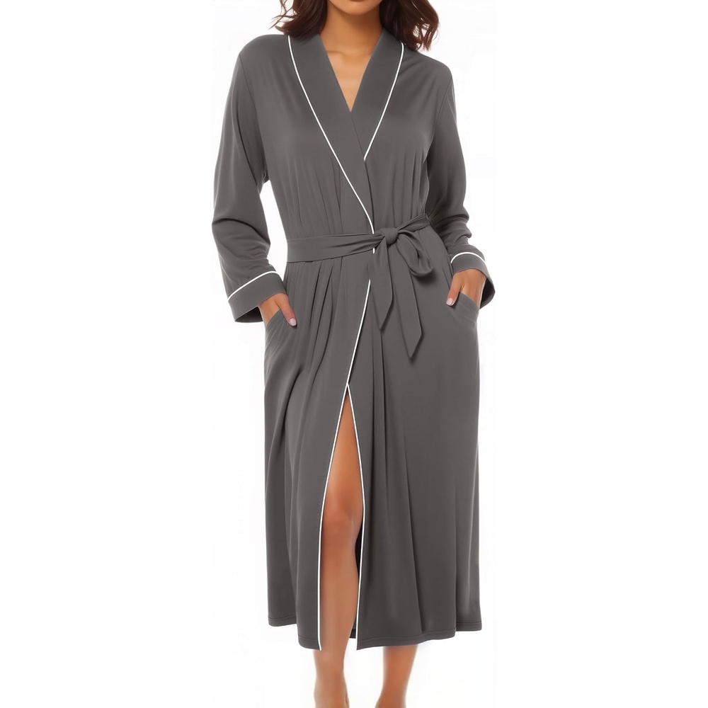 image:imageEkouaer Kimono Robes for Women Long Lightweight Knit Soft Bathrobe Long Sleepwear Casual Ladies Loungewear Shawl Soft Lightweight Fabric Valentines Day Bridal PartyDark Gray