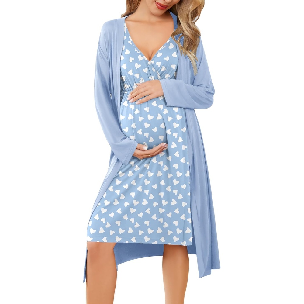 image:imageEkouaer Maternity Nursing Gown and Robe Set Labor Delivery Nightgowns  Birthing Hospital Gowns Skinfriendly Postpartum Clothes Split Front Flap Elastic Waistline Perfect for Pregnant MommasLight Blue Heart