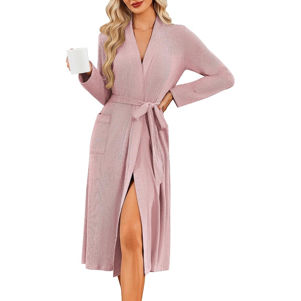 image:imageEkouaer Robe for Women Long Knit Kimono Bathrobe Soft Lightweight Sleepwear Bath Robe with Pockets Cozy Loungewear 2026 Long Sleeves Inner and Fixed Outer Tie Mid Calf Robe for Sleep Shower TravelPink