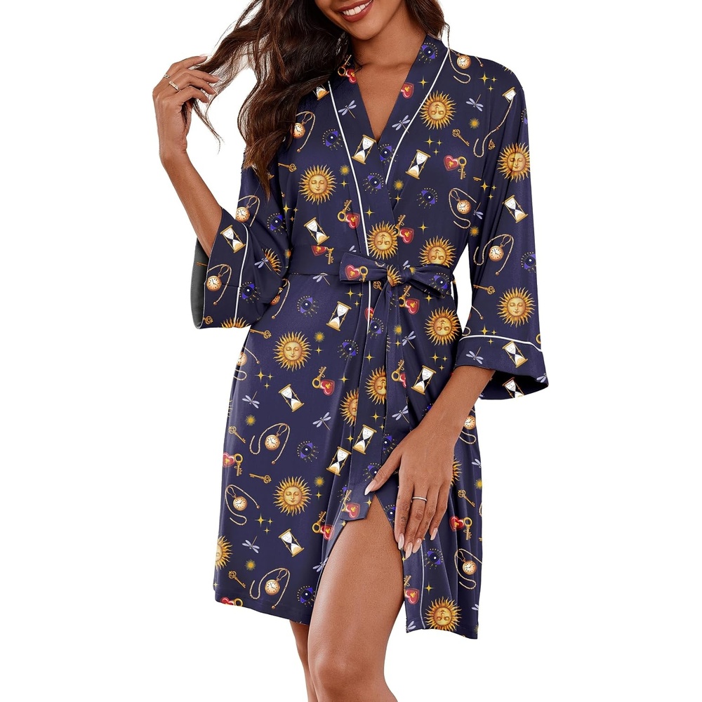 image:imageEkouaer Women Robes Knee Length Kimono Bathrobe Lightweight Soft Sleepwear 34 Sleeve Vneck Pocket Modern Trim Ideal Gift for Pregnancy Bridesmaid GiftsSun God