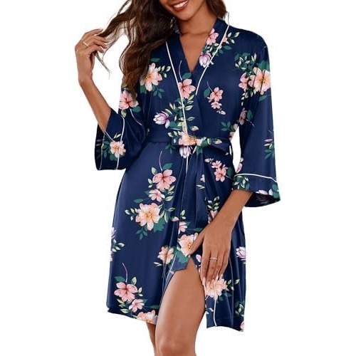 image:imageEkouaer Women Robes Knee Length Kimono Bathrobe Lightweight Soft Sleepwear 34 Sleeve Vneck Pocket Modern Trim Ideal Gift for Pregnancy Bridesmaid GiftsNavy Blue Floral